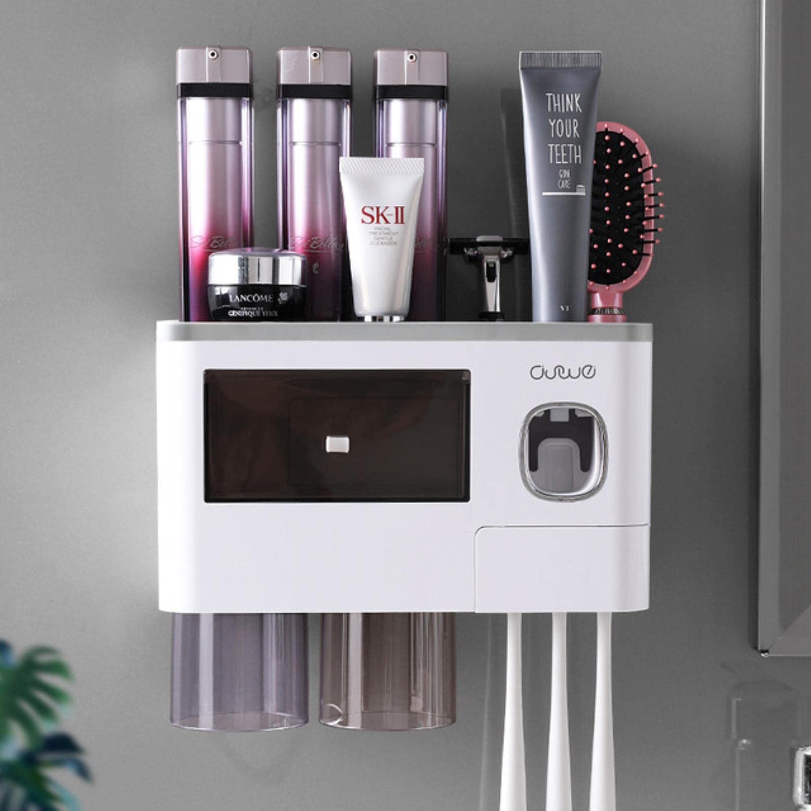 Magnetic Toothbrush Holder with Automatic Toothpaste Squeezer - Wall Mounted Bathroom Organizer for Toothbrushes & Cups (2 Pack, Gray) - Space Saving Storage Solution for Small Bathrooms & Vanities