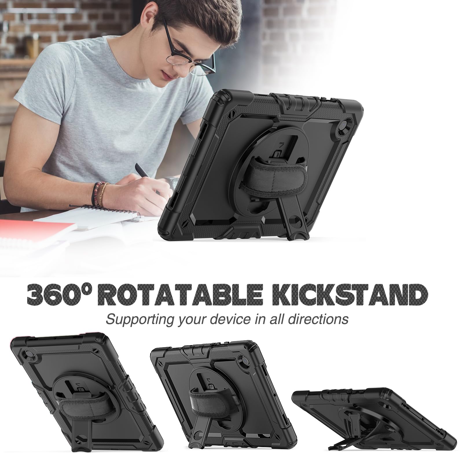 SIBEITU 360 Rotating Protective Case for Samsung Galaxy Tab A8 10.5 Inch 2022 (SM-X200/X205/X207) - Includes Screen Protector, Pencil Holder, Adjustable Stand & Hand Strap | Perfect for Work, School & Travel