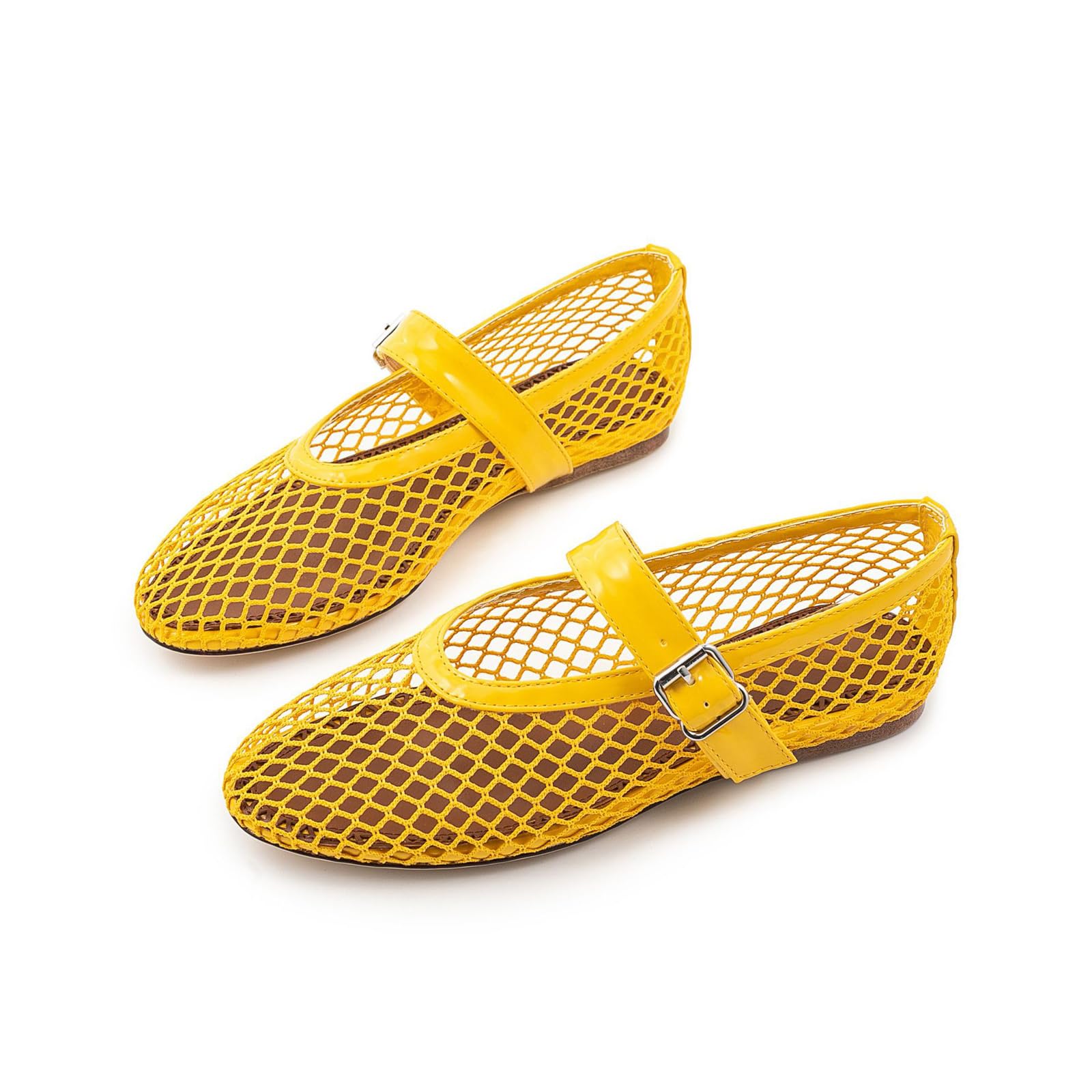 Women's Casual Buckle Dance Shoes - Comfortable Round Toe Flats for Dancing, Parties & Everyday Wear | Hollow Design, Yellow, Size 5.5 | Perfect for Latin, Ballroom, Salsa & Social Events