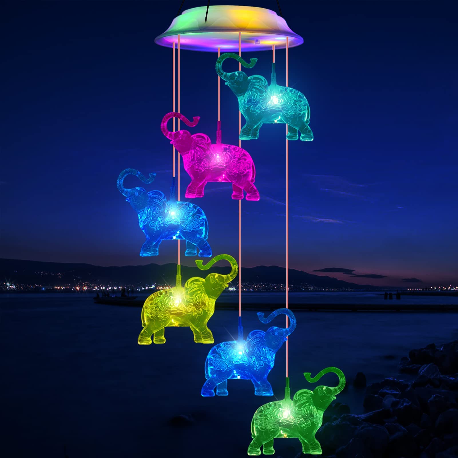 Solar Powered Elephant Wind Chimes with 6 Bells & LED Lights - Waterproof Outdoor Decor for Garden, Patio, Yard | Perfect Housewarming Gift & Memorial Garden Decoration