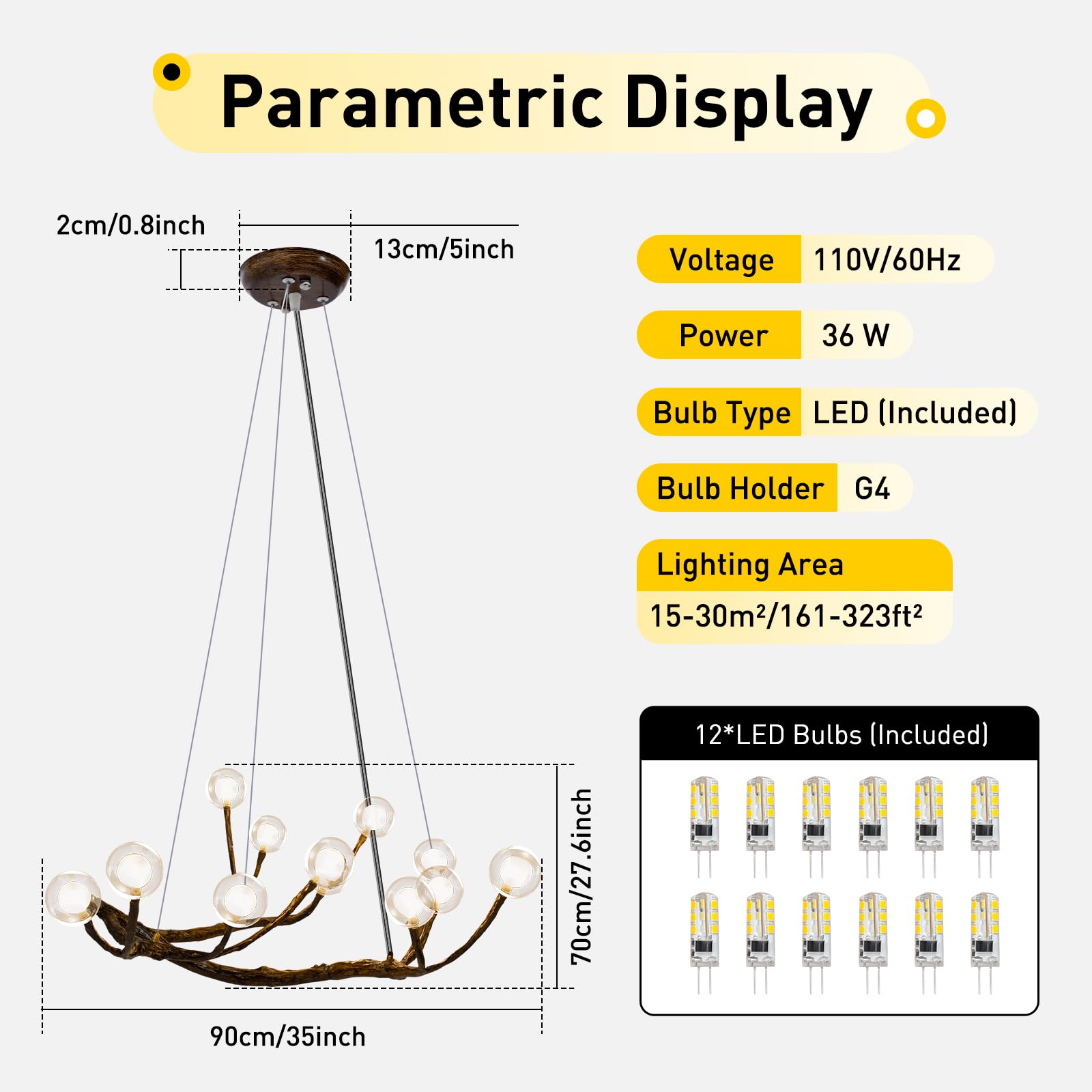 Modern Wood Branch Chandelier - 12 Bulb Adjustable LED Hanging Light with Resin Tree Design & Industrial Glass Bubbles - Perfect for Bedroom, Living Room, Dining Room & Home Decor Lighting