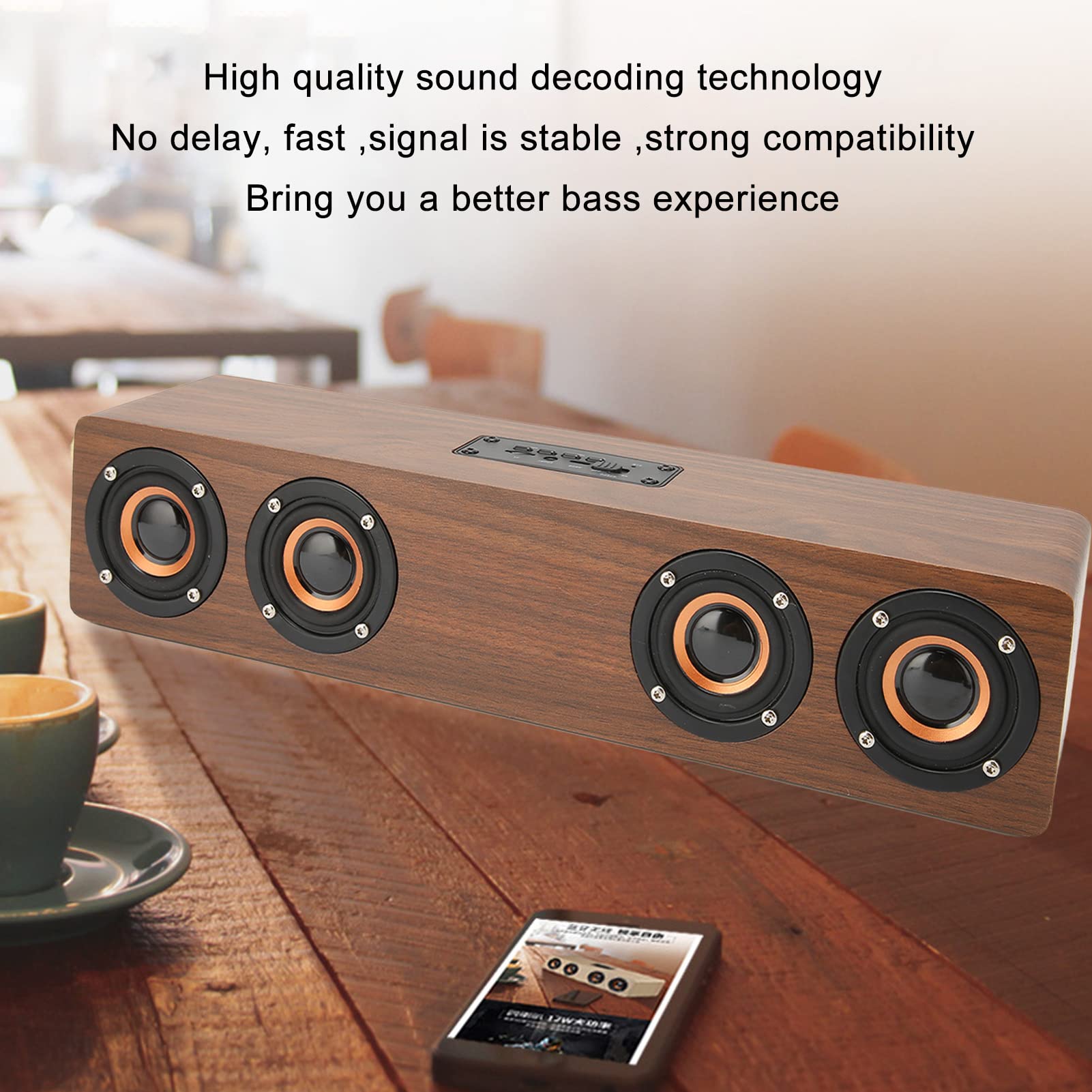Retro Wooden Wireless Speaker with Subwoofer & Surround Sound - Hands-Free Calling, MDF Resonance Box, Home Music & Alarm Clock - Perfect for Living Room, Bedroom, and Office (Brown Wood Grain)