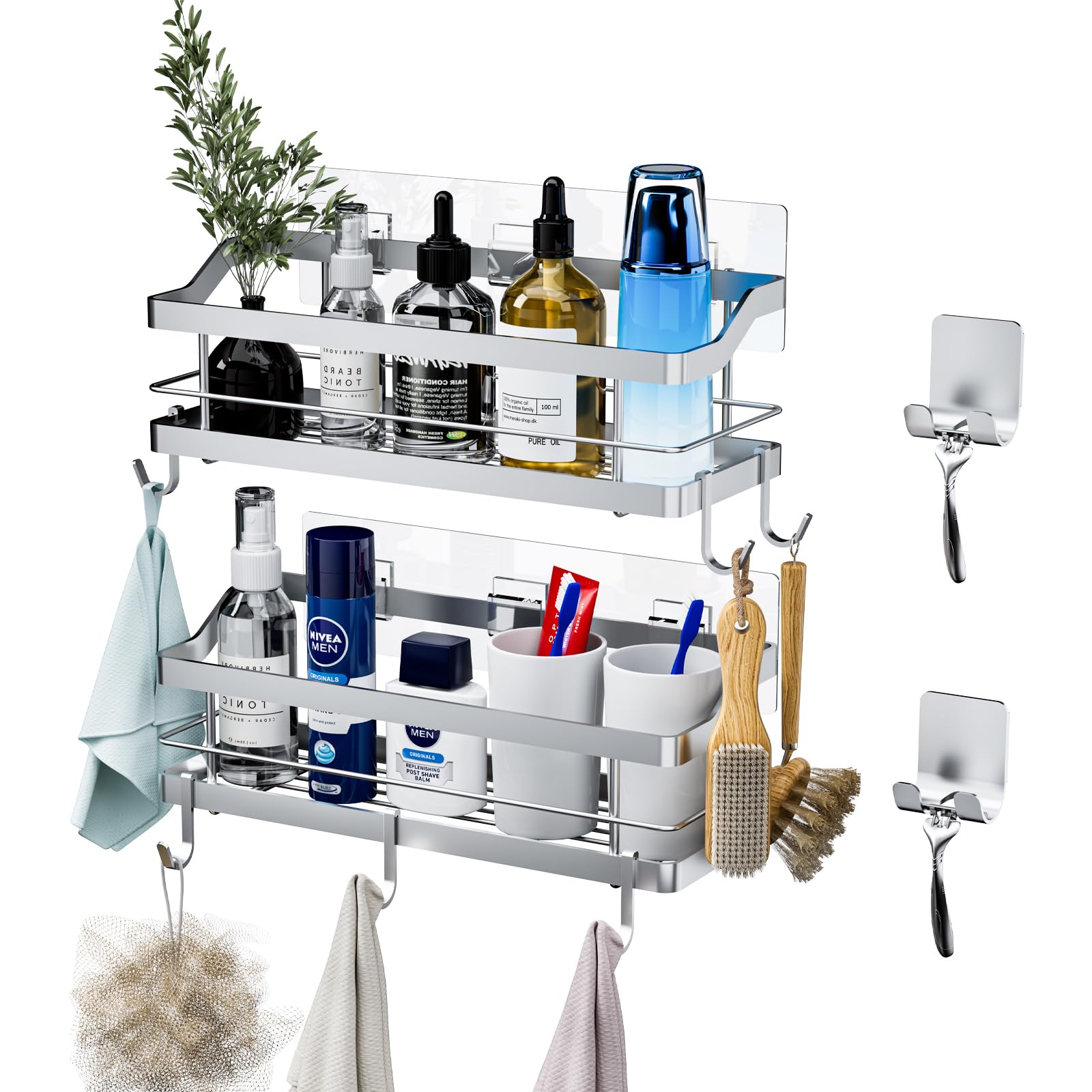 Carwiner 2-Pack Shower Caddy with 8 Hooks - SUS304 Stainless Steel Bathroom Shelf & Wall Mounted Storage Organizer for Shampoo, Conditioner & Kitchen Supplies | No Drilling Installation | Perfect for Small Bathrooms & Apartment Living