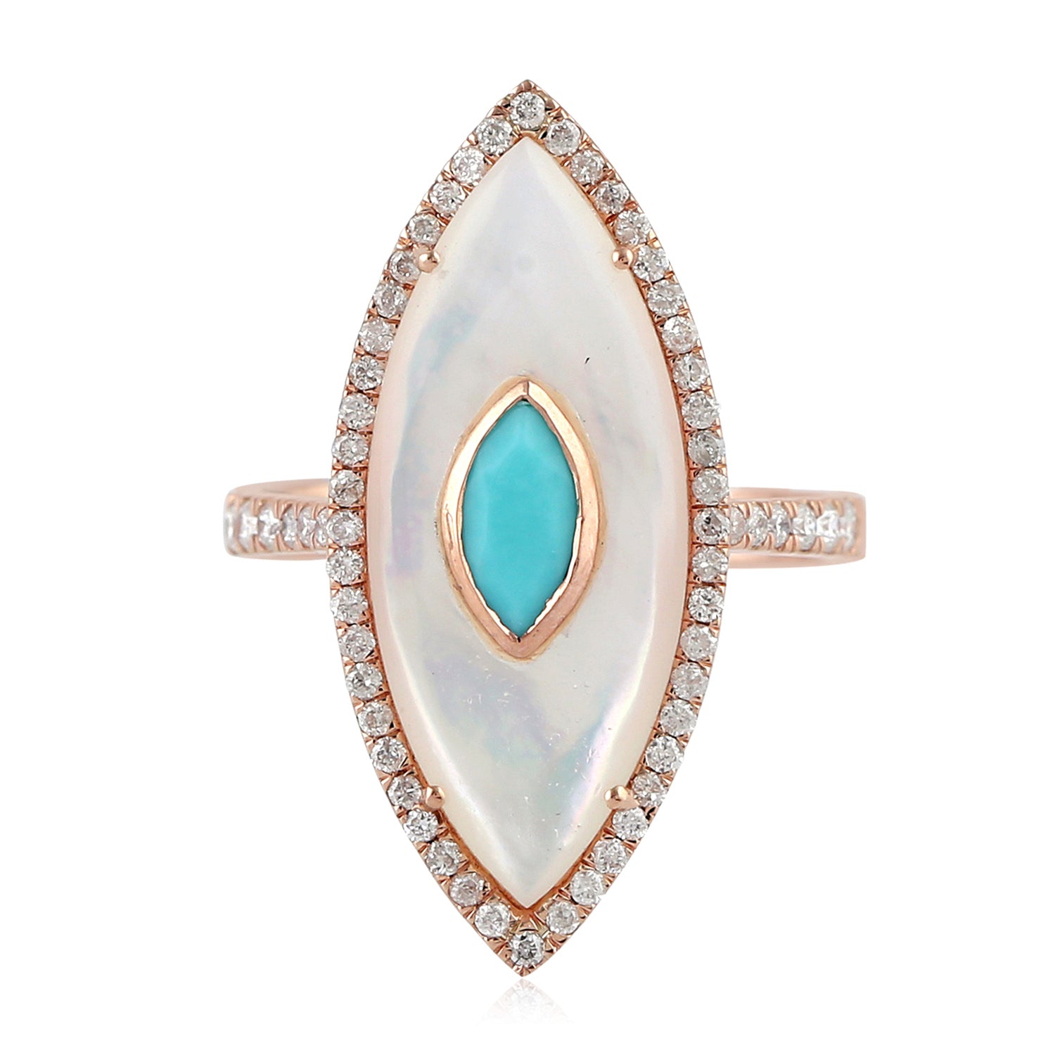 14K Rose Gold Marquise Cut Turquoise Fancy Cut MOP Pave Diamond Long Ring for Women - Elegant Statement Jewelry for Weddings, Parties & Special Occasions