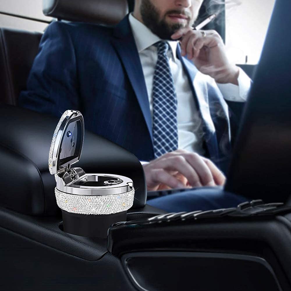 Bling Car Ashtray - Portable Luxury Crystal Cigarette Ashtray with Smell-Proof Lid, LED Light, Diamond Car Accessories - Perfect Gift for Women & Girls - Ideal for Car, Office, Home, Travel, and Outdoor Use (Red)