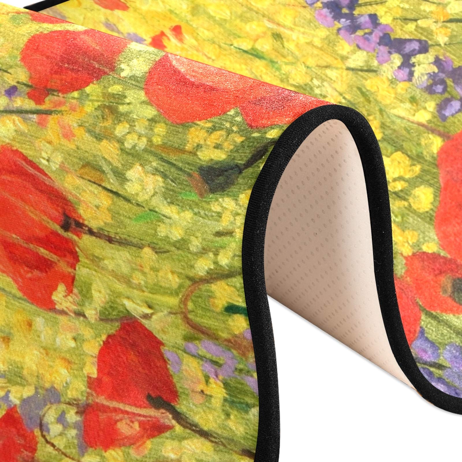 Non-Slip Red Poppies & Yellow Flower Field Kitchen Runner Rug 2'x6' - Soft Bathroom Carpet, Hallway Mat, Entryway Doormat for Home Decor (Perfect for Kitchens, Bathrooms, Entryways & High-Traffic Areas)