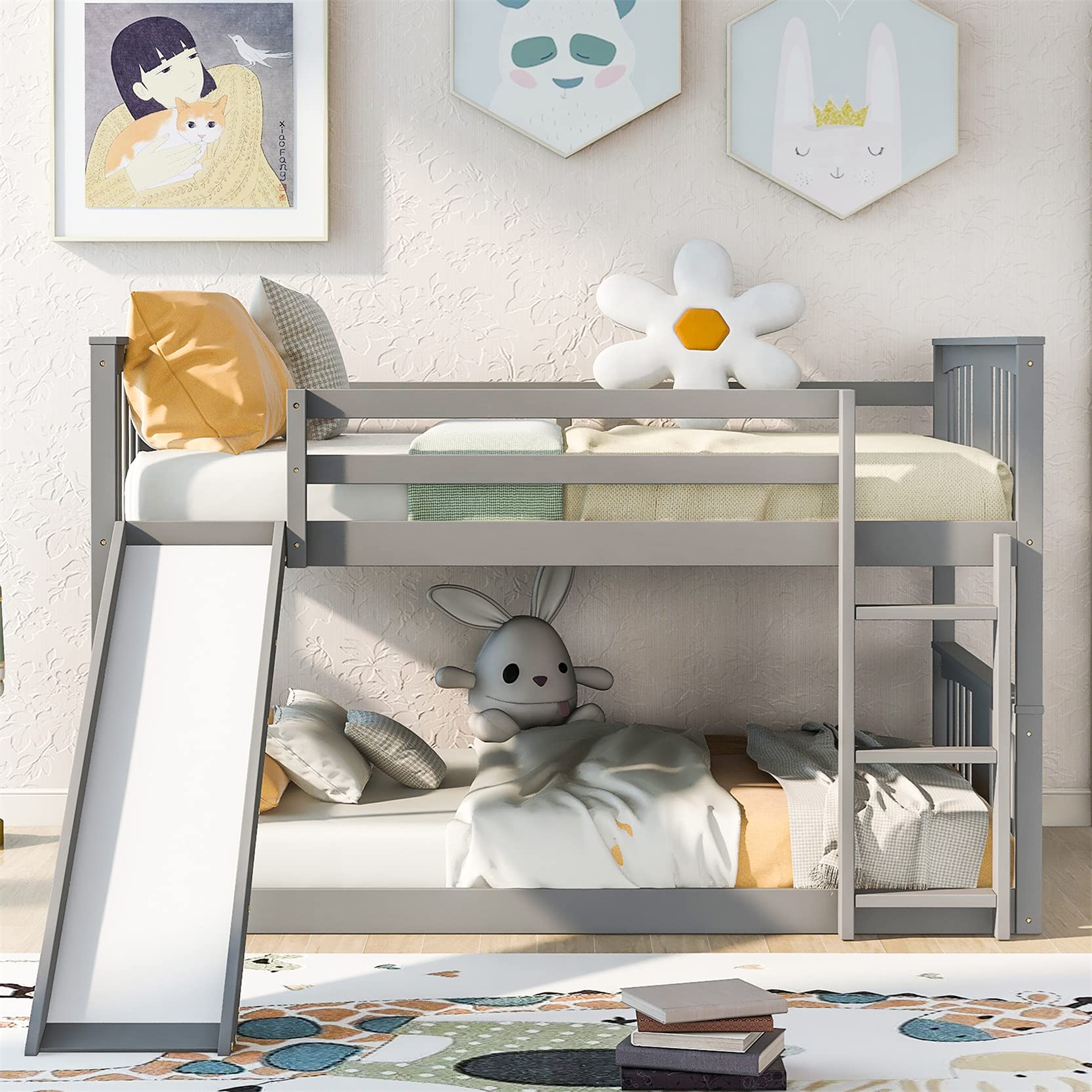 Full Over Full Bunk Beds with Slide - Wooden Bunk Bed Frame with Guard Rail & Ladder for Kids, Teens, Boys & Girls - Space-Saving Floor Bunk Bed for Bedrooms, Dorms & Small Spaces (Grey)