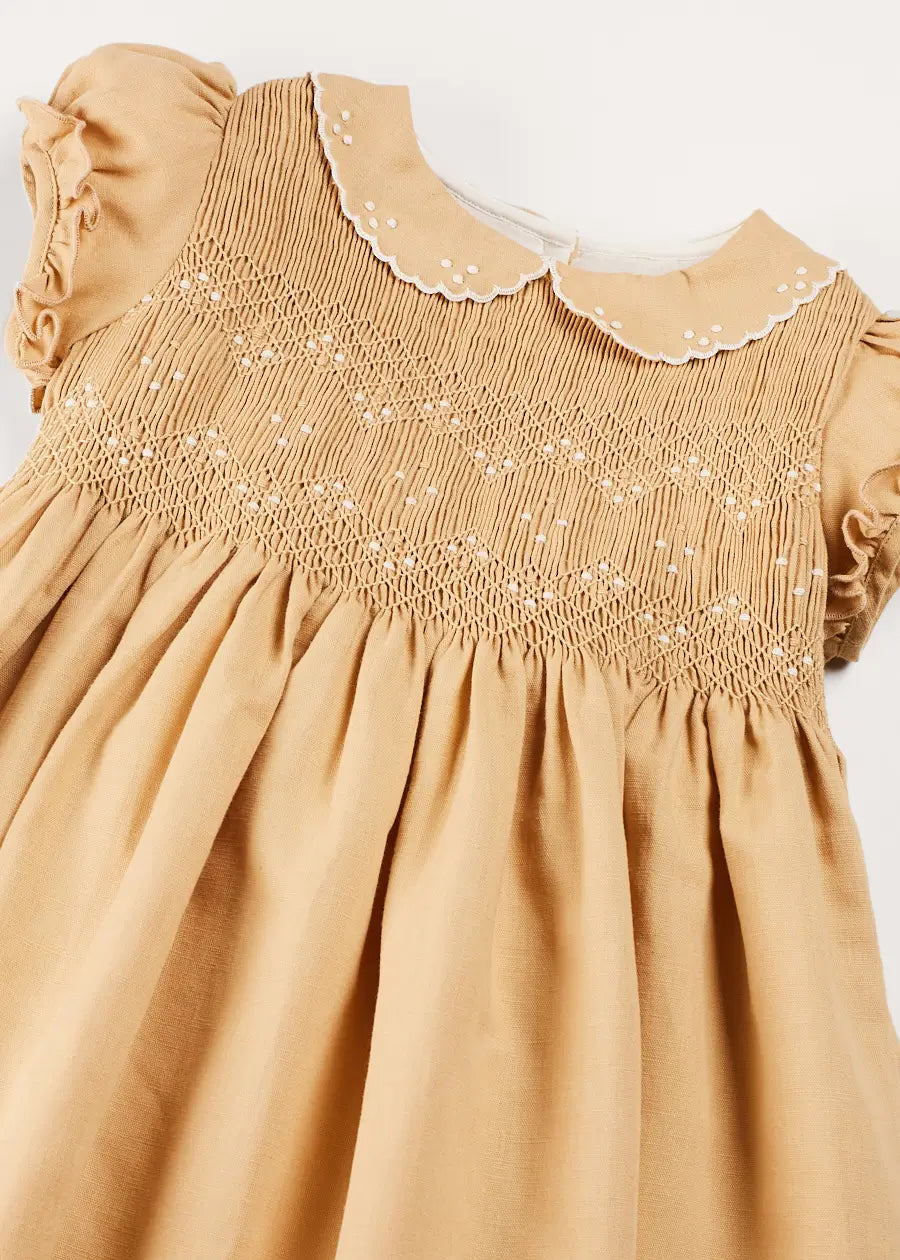Hand Smocked Peter Pan Collar Short Sleeve Dress for Girls in Beige (12 Months - 10 Years) | Perfect for Birthday Parties, Easter, and Special Occasions