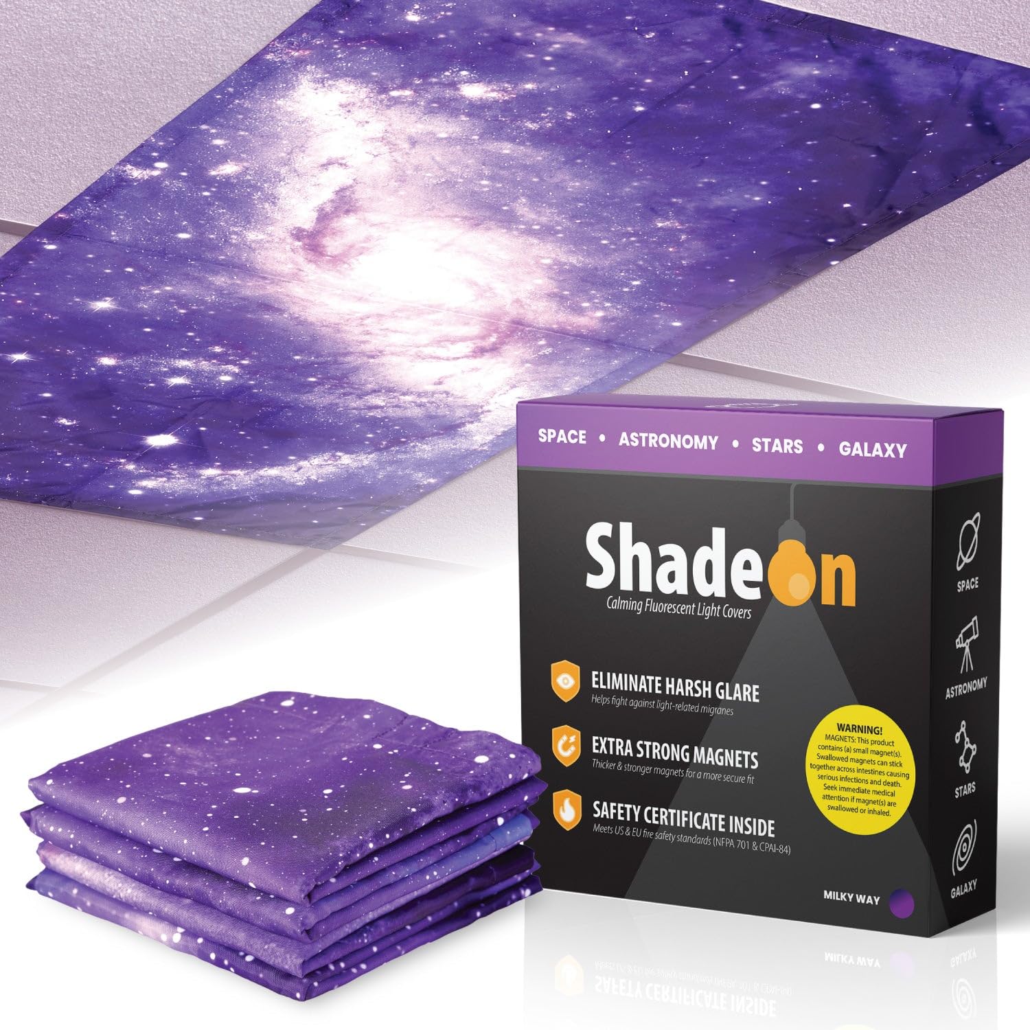 ShadeOn 2x4 ft Magnetic Fluorescent Light Covers (4-Pack) - Milky Way Ceiling Light Panels for Classrooms & Offices - Reduce Glare & Eye Strain - Perfect for Schools, Hospitals and Workspaces