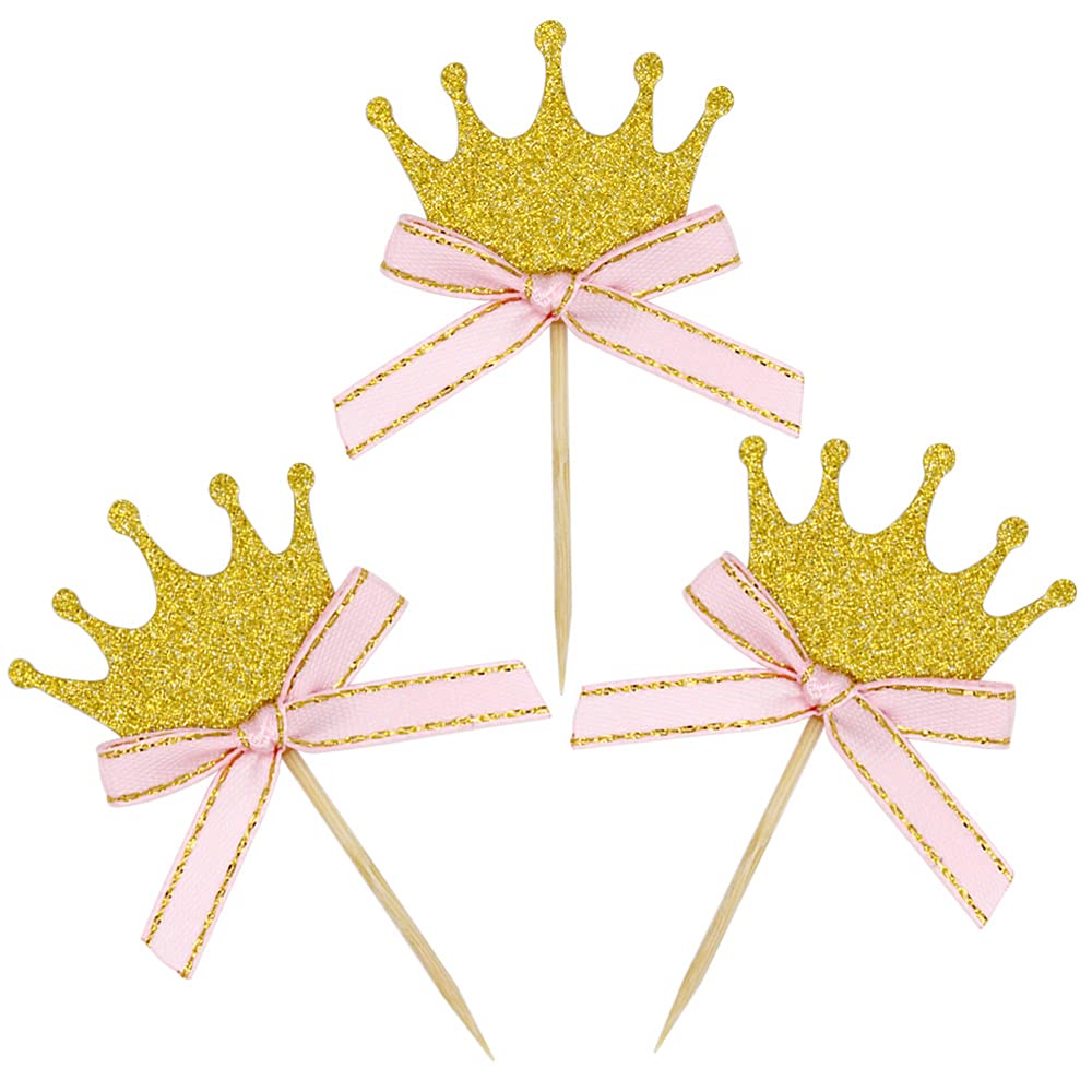 Glitter Princess Crown Cupcake Toppers with Pink Bow - 30PCS Little Gold Crown Cake Decorations for Girls Birthday Party, Baby Shower, Bridal Shower, and Princess Theme Celebrations