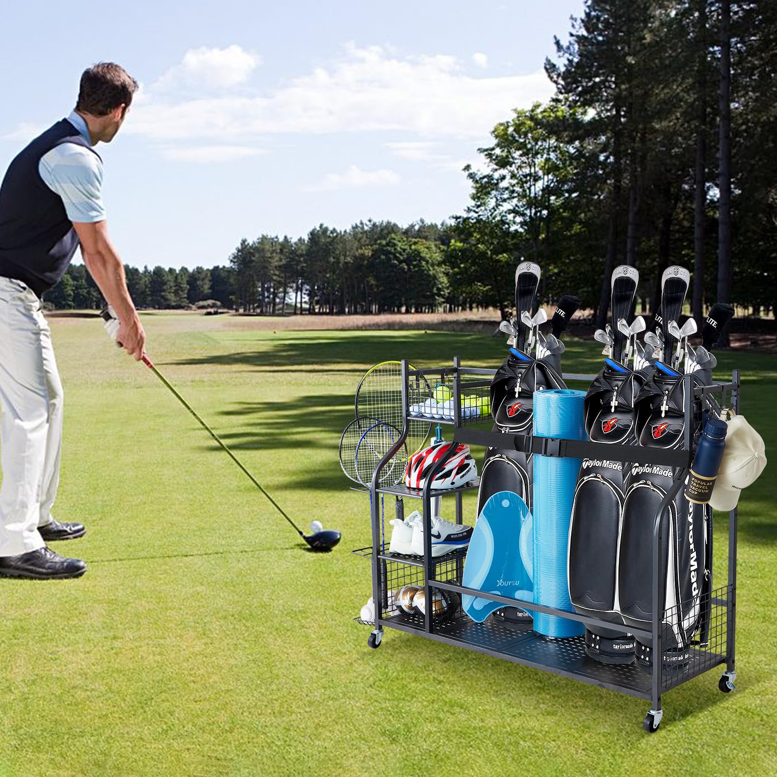 VEVOR Golf Bag Organizer & Storage Rack Stand - Heavy Duty Golf Equipment Holder for Garage, Sports Gear & Toy Storage - Perfect for Golf Clubs, Balls & Accessories - Ideal for Home, Garage & Club Organization