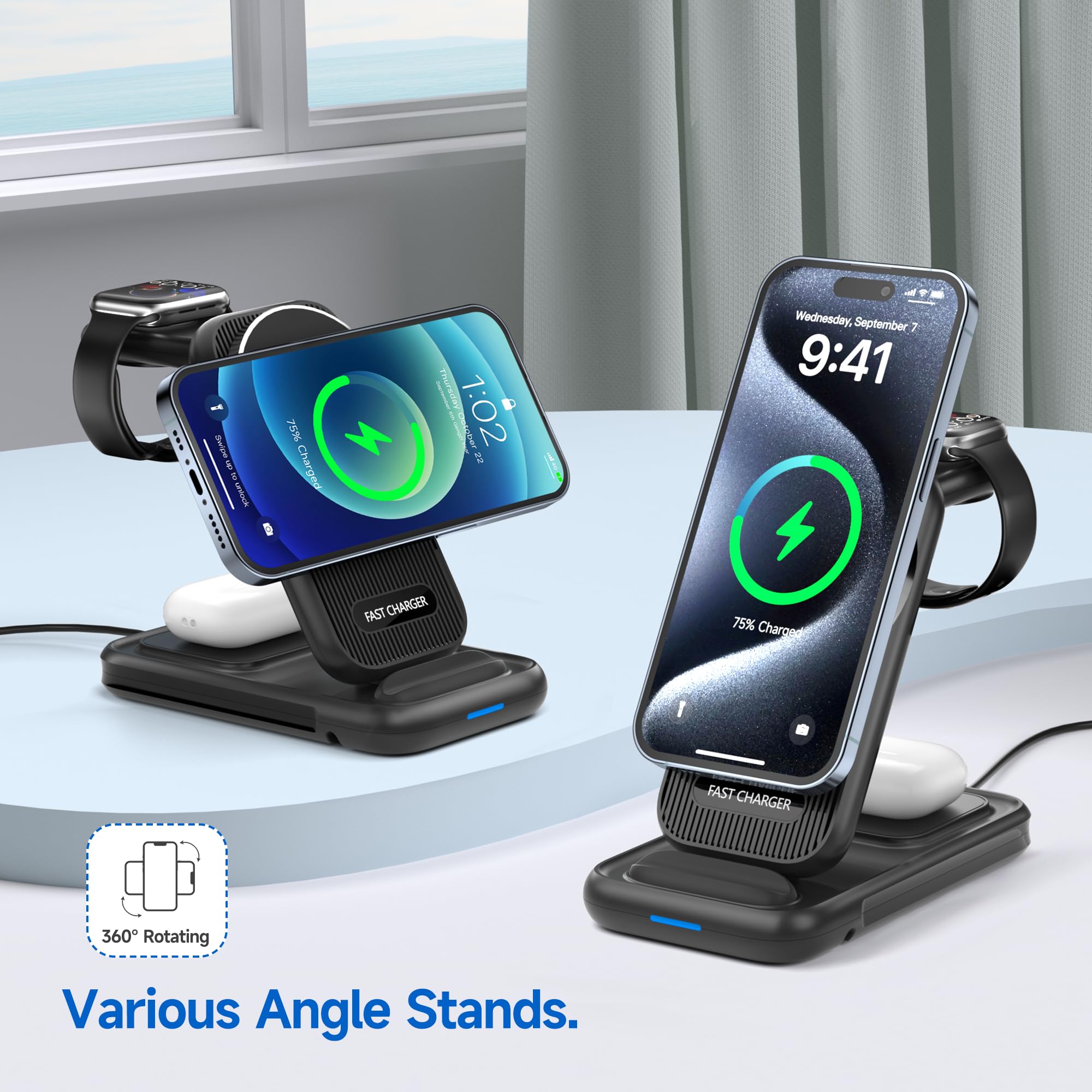 4-in-1 MagSafe Wireless Charging Station - Fast Qi-Certified Charger Stand for iPhone 15/14/13/12 Pro Max, Apple Watch, AirPods Pro & Samsung Galaxy S24/S23, Watch, Buds - Perfect for Home, Office & Nightstand Charging