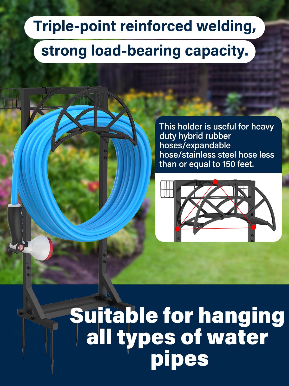 Abimars Heavy Duty Metal Garden Hose Holder with Basket - Upgraded 6 Spikes for Secure Water Hose Storage (Black) - Perfect for Yard, Lawn, and Outdoor Garden Organization