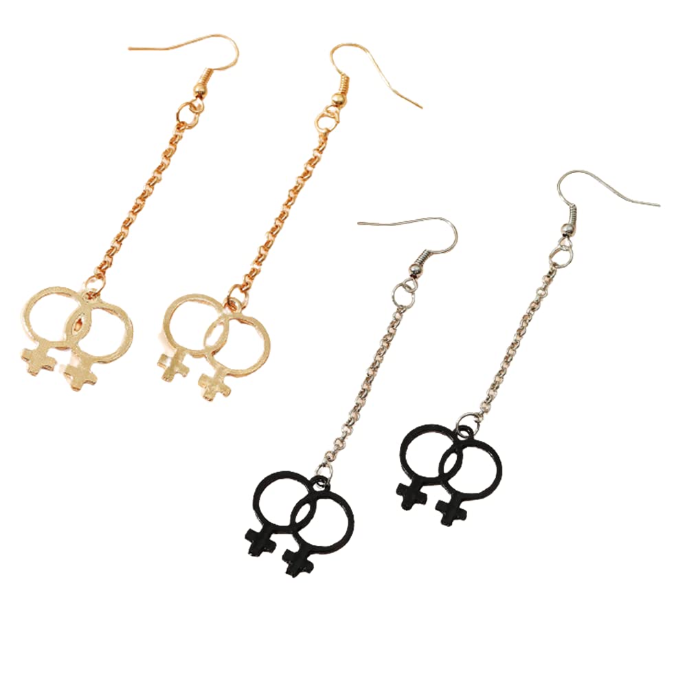 2 Pairs Minimalist Feminist Dangle Earrings for Women - Long Tassel Drop Earrings with Female Symbol - Perfect for Everyday Wear, Office & Date Night