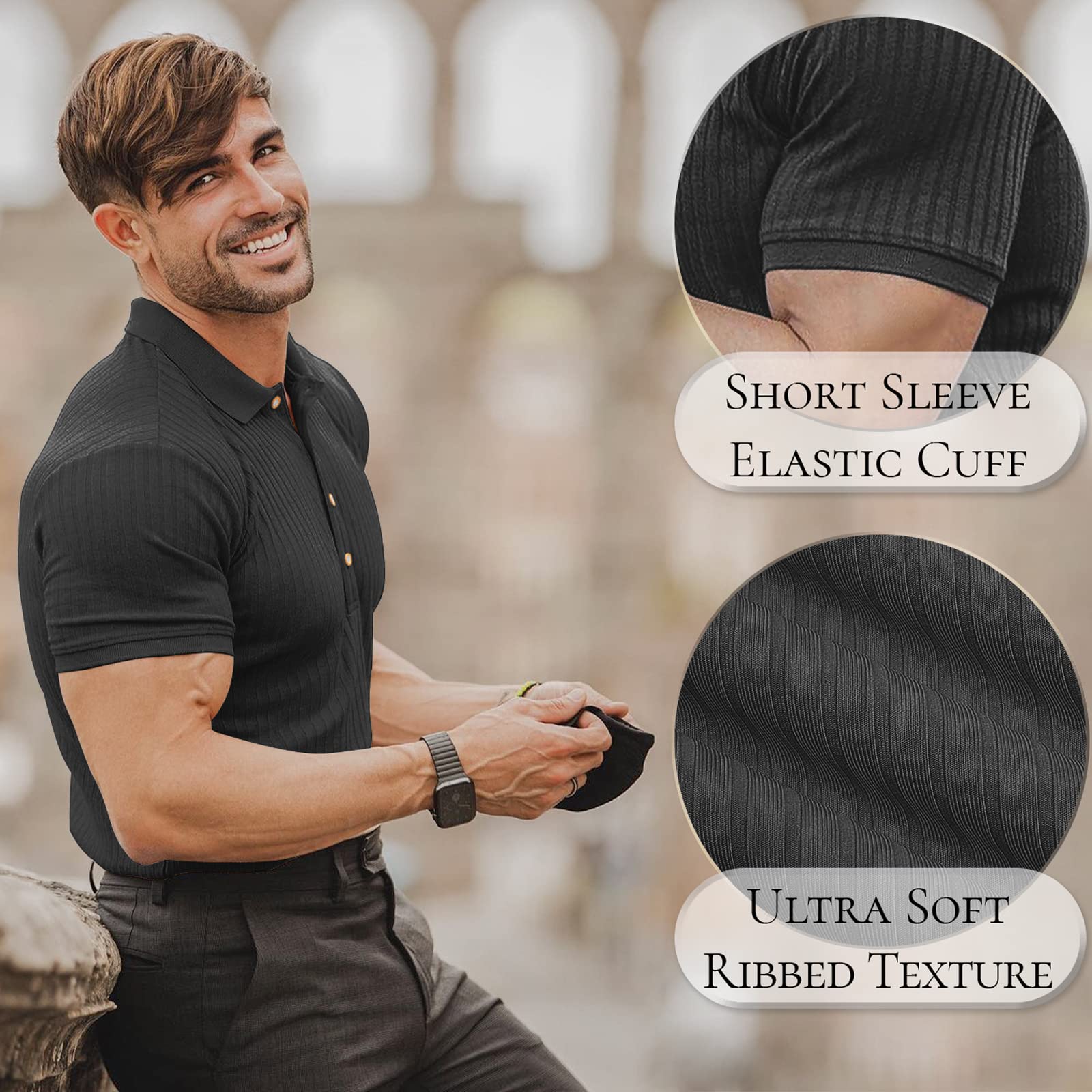 Men's Slim Fit Muscle Polo Shirts - Short Sleeve Ribbed Knit Golf & Bowling Shirts | Breathable Dry Fit Casual Tees for Sports & Outdoor Activities