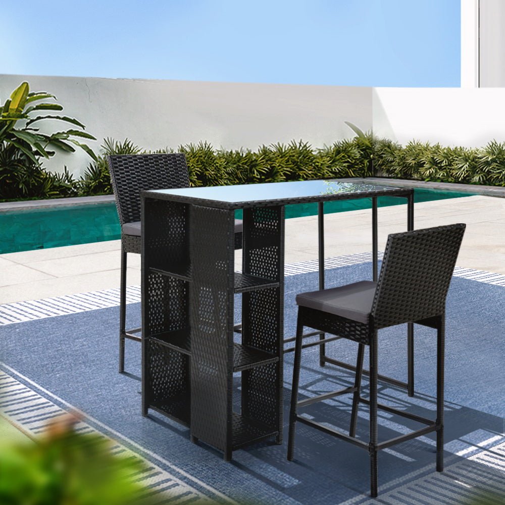 3-Piece Outdoor Bar Set - Patio Dining Chairs with Wicker Table & Stools for Backyard, Garden, Poolside or Deck Relaxation