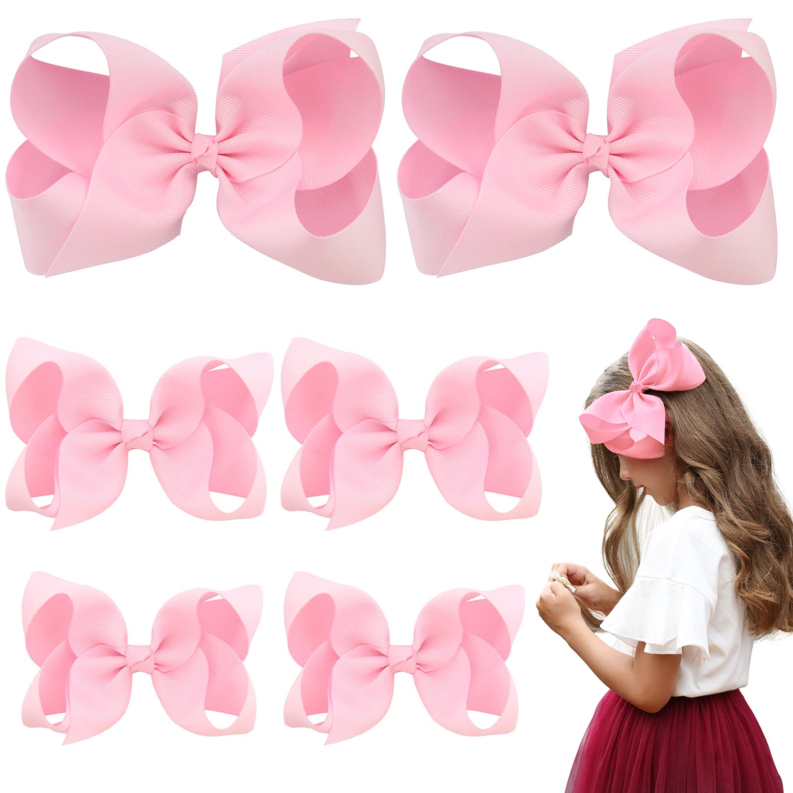 AILEAM 6PCS Girls Hair Bows Clips Set - Pink Grosgrain Ribbon Toddler Hair Accessories with Alligator Clips (6inch, 4inch, 3inch Sizes) for School, Parties & Daily Outfits