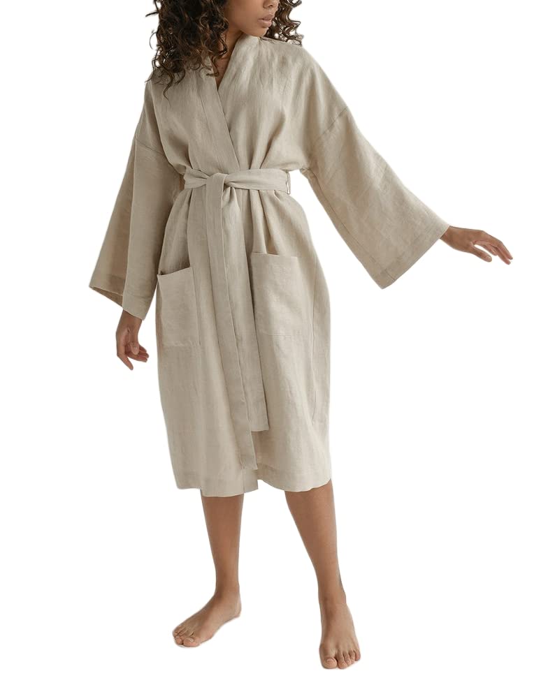 Organic Cotton Linen Robe Dress for Women - Soft Boho Kimono Bathrobe & Beach Cover Up - Breathable Loungewear for Spa, Poolside & Vacation (2XL, Red)