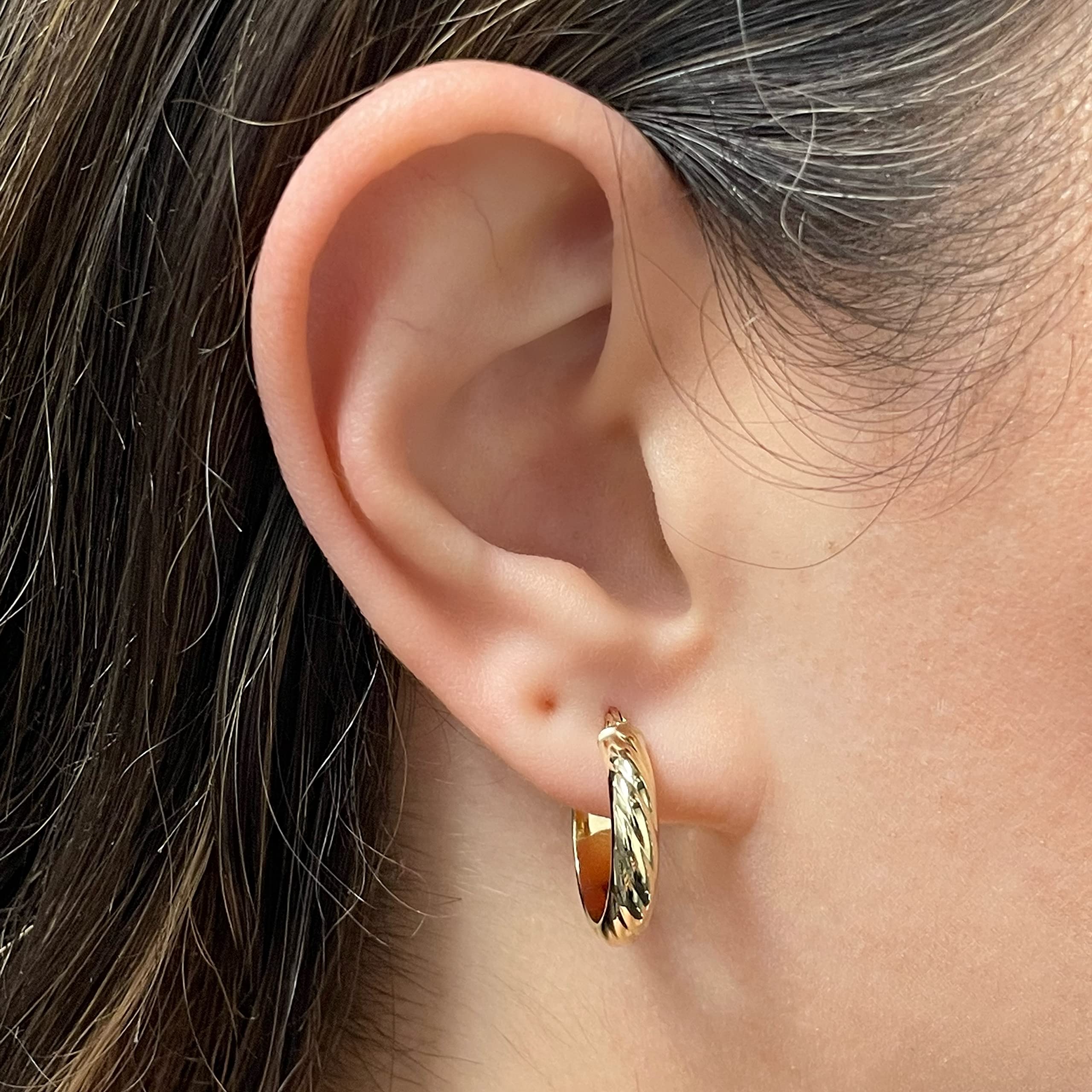 Italian 14k Yellow Gold Rope Design Small Wide Hollow Hoop Earrings for Women - Elegant Dainty Jewelry for Everyday Wear, Date Night & Special Occasions