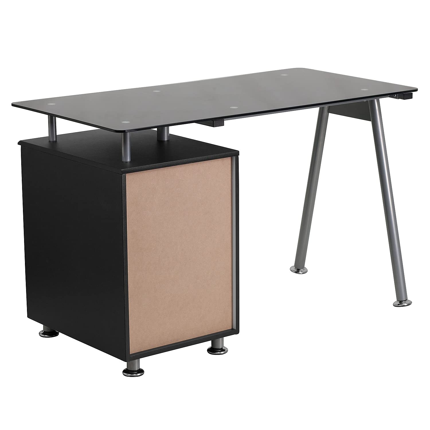 Flash Furniture Singleton Black Glass Computer Desk with Three Drawer Pedestal - Modern Home Office Desk for Work, Study & Gaming - Compact Writing Table for Small Spaces & Apartments