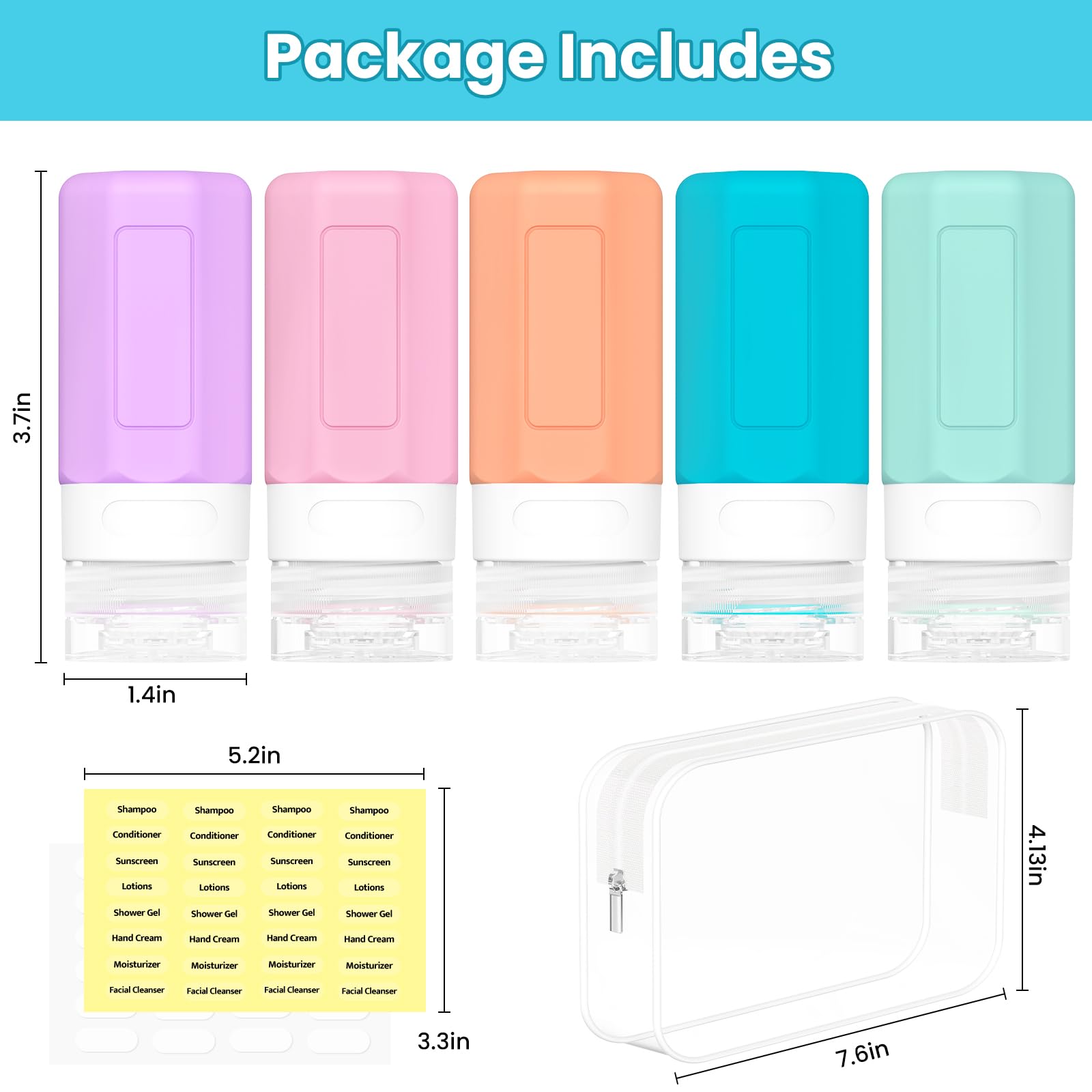 TSA Approved 2oz Leak Proof Silicone Travel Bottles for Shampoo, Conditioner & Lotion - Refillable Squeezable Toiletry Containers for Air Travel, Gym & Vacation Essentials