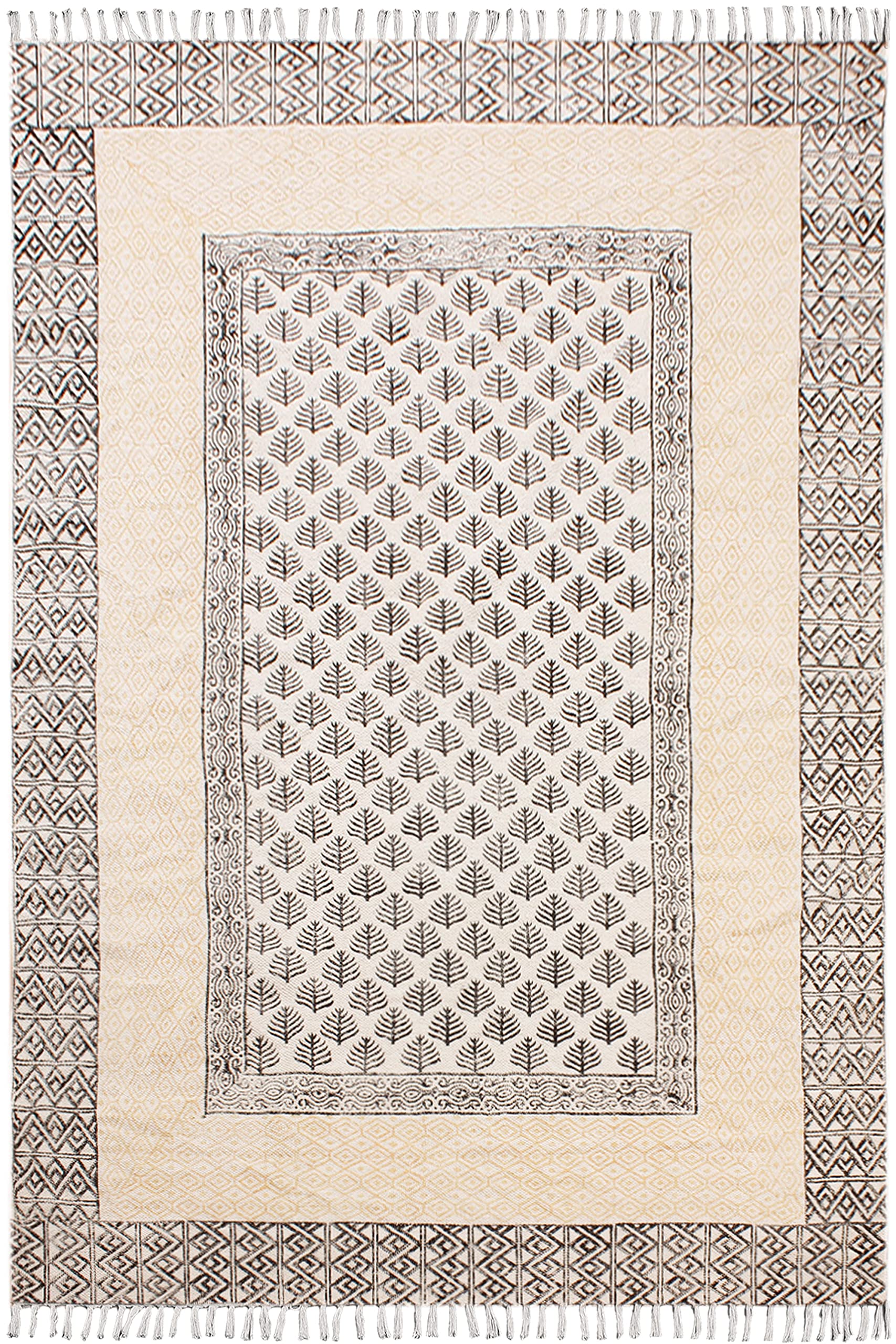 Handmade Bohemian Area Rug - Yellow & Black Cotton with Tassels | Hand Block Printed Floral Design | Easy Washable 5x5 Feet Square (150x150 cm) for Living Room, Bedroom, Laundry & Entryway | Perfect for Boho Chic Decor & Cozy Home Accents