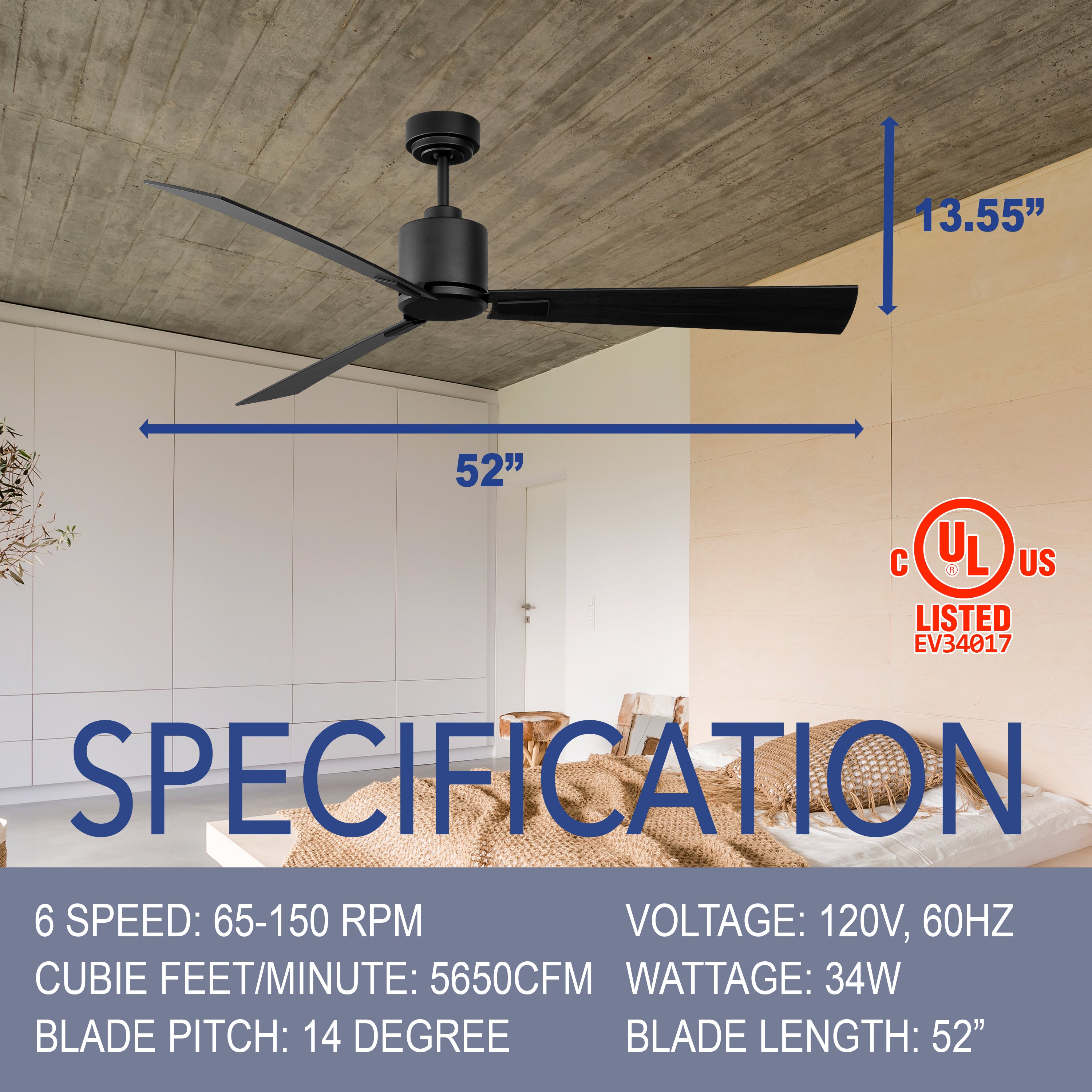 iLIVING 52 Inch Quiet BLDC Indoor Ceiling Fan with Remote Control - 3 Blades, 6 Speeds, 5650 CFM, Black/Wood Finish - Perfect for Bedroom, Living Room & Office
