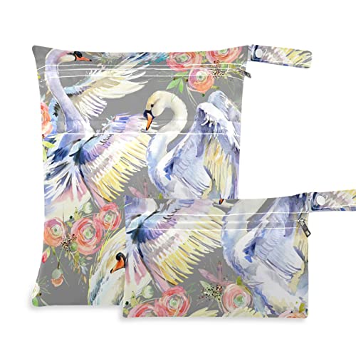 2 Pack Waterproof Dry Wet Bags - Reusable Swan Rose Design for Travel, Beach, Pool, Gym | Perfect for Diapers, Swimsuits, Dirty Clothes & Toiletries | Ideal for Strollers, Daycare & Sports Activities