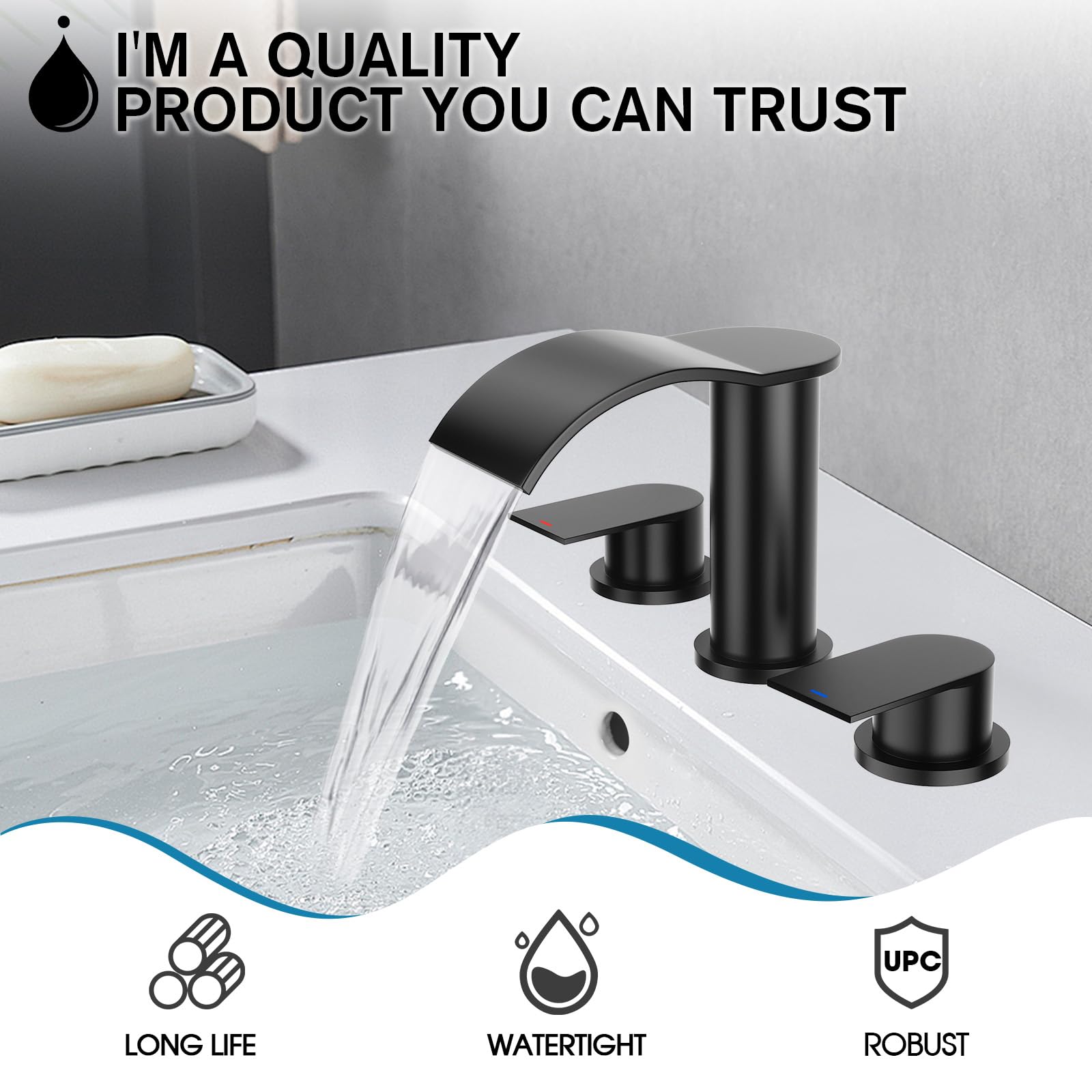 2 Handle Widespread Waterfall Bathroom Faucet with Metal Pop-up Drain & cUPC Supply Hoses - Matte Black Stainless Steel for 3 Hole Sink - Perfect for Modern Bathroom & Powder Room Renovations