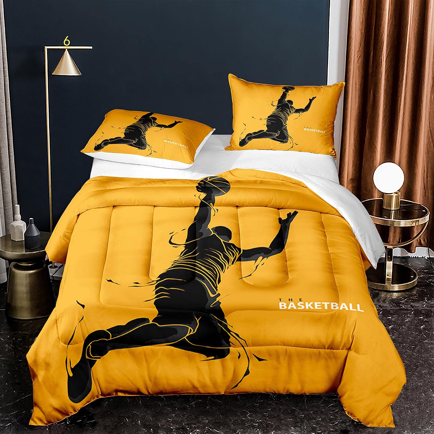 EDUMEYA Sports Basketball Yellow Bedding Set - Full Size Comforter with 2 Pillowcases for Kids & Boys - Basketball Player Themed Bedroom Decor for Sports Fans & Competitive Athletes - Perfect for Game Rooms, Dorm Rooms & Kids Bedrooms