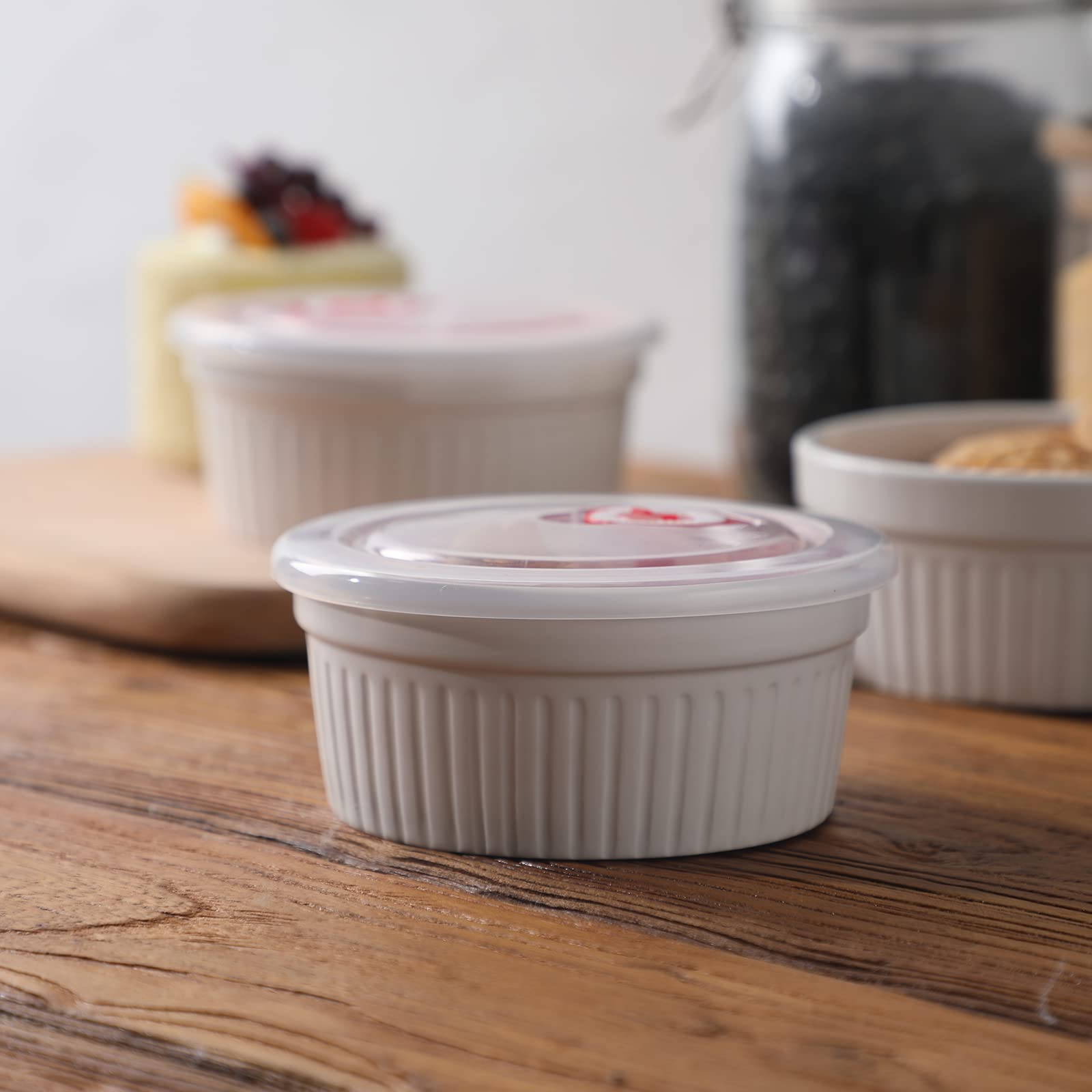 12 oz Porcelain Ramekins with Lids - 6-Piece Oven-Safe Baking Set for Soufflé, Crème Brûlée, Pudding & Custard | Perfect for Desserts, Meal Prep & Entertaining (4.5 Inch, White)