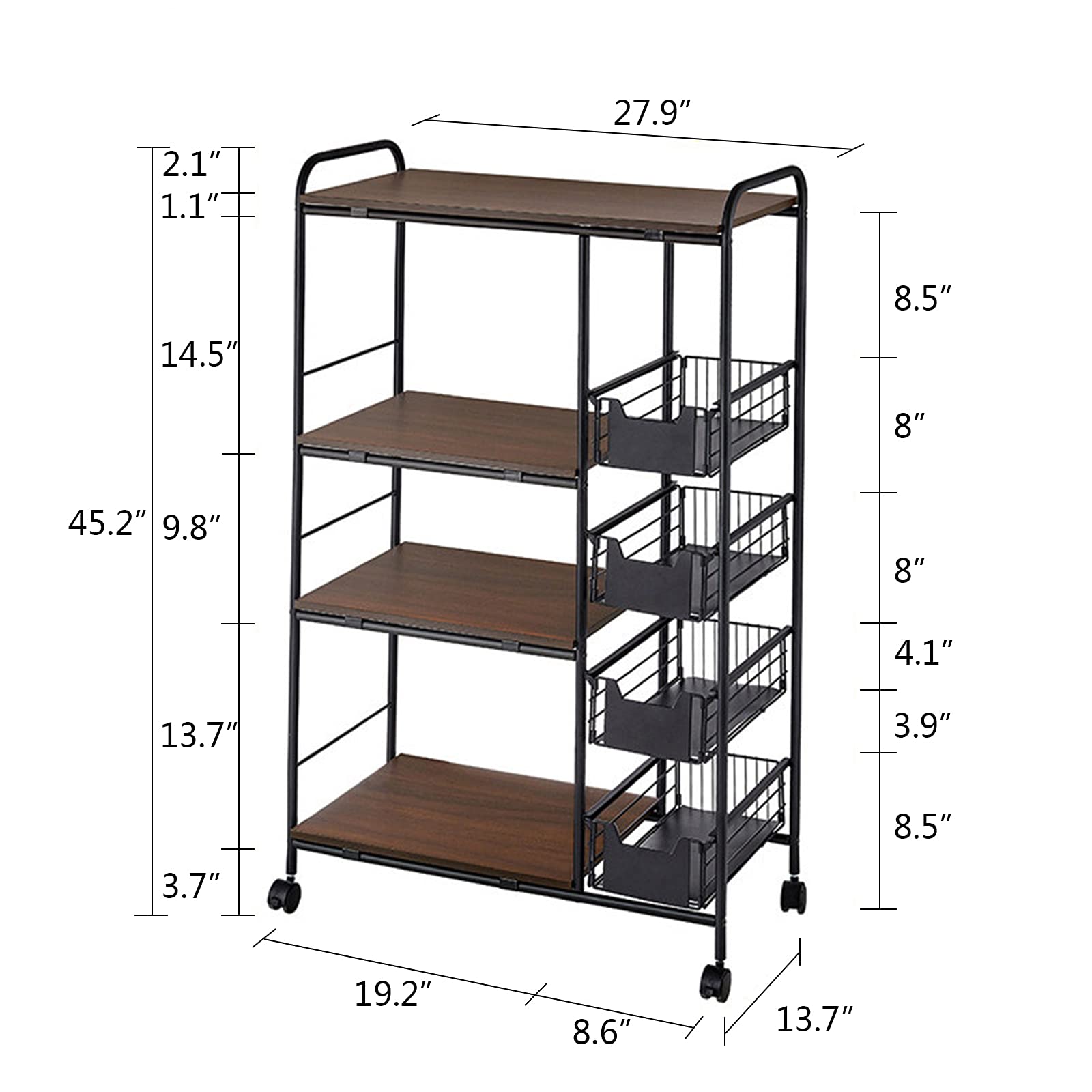 LOYALHEARTDY 4+5-Tier Rolling Kitchen Storage Cart with 4 Drawers - 100 lbs Capacity Microwave Stand, Bakers Rack & Utility Organizer for Small Spaces | Perfect for Kitchen, Pantry, Dorm Room & Office Organization