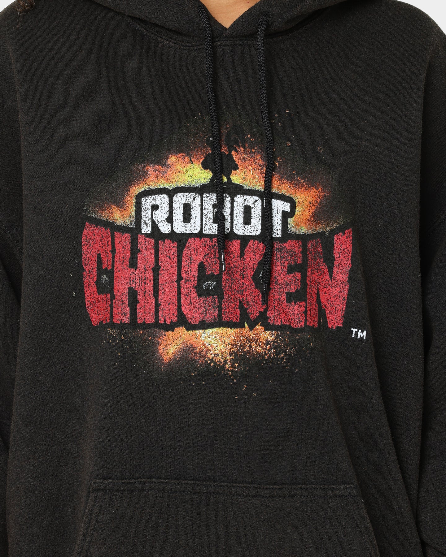Vintage American Thrift Chicken Boom Hoodie - Black Wash Distressed Style | Retro Streetwear for Men & Women | Perfect for Casual Wear, Urban Fashion, and 90s Nostalgia Looks