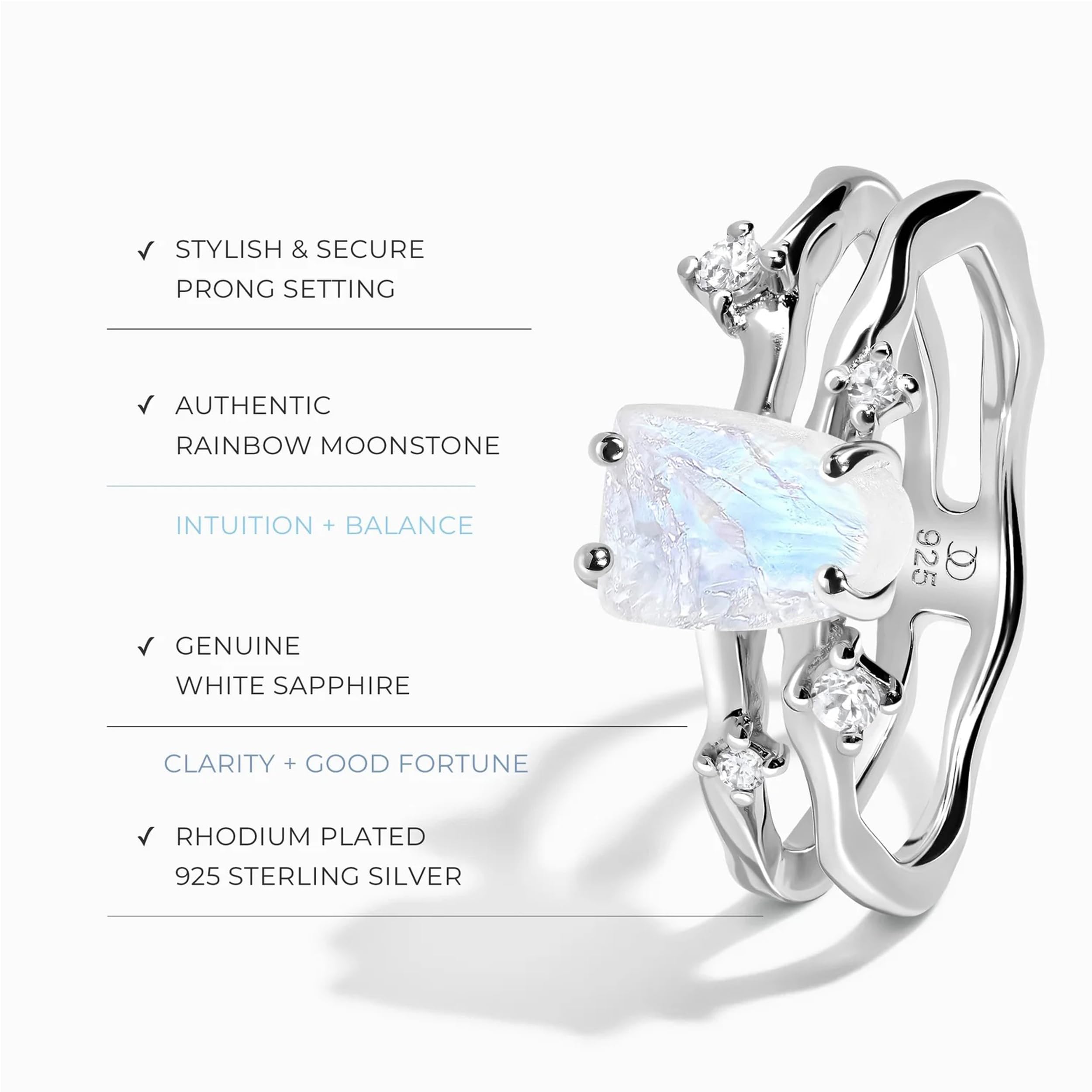 Authentic Moonstone Ring for Women - 925 Sterling Silver & 18k Rose Gold - Genuine Rainbow Moonstone Jewelry - Elegant Gift for Birthdays, Anniversaries & Spiritual Healing