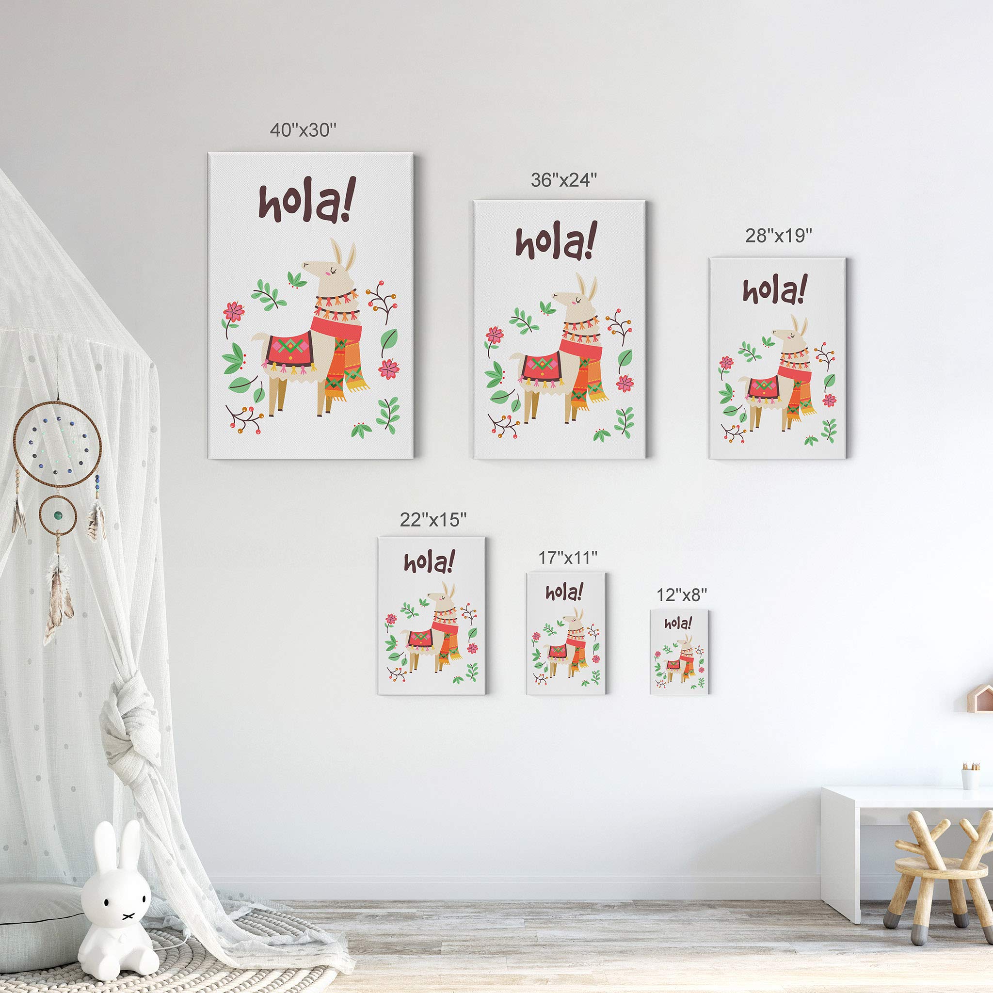 Smile Art Design Hola! Lettering with Cute Alpaca Illustration - White Background Canvas Print (40x30 inches) - Perfect for Kids Room Decor, Nursery Wall Art & Baby Room Decor - Made in USA | Ideal for Children's Bedrooms, Playrooms & Nursery Themed Spaces