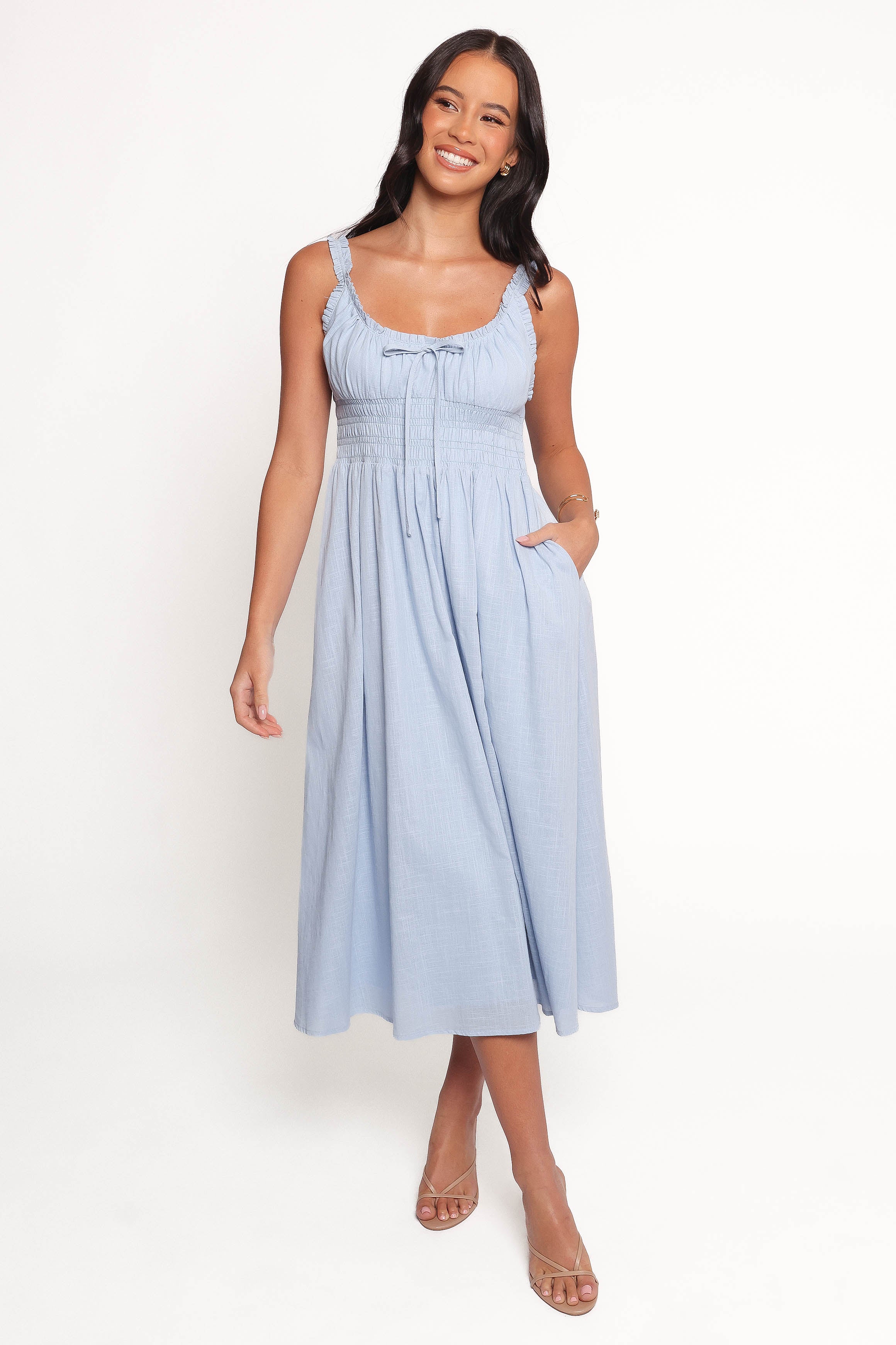 Auguste Midi Dress in Pale Blue | Flowy Summer Dress for Women | Perfect for Beach Vacations & Date Nights