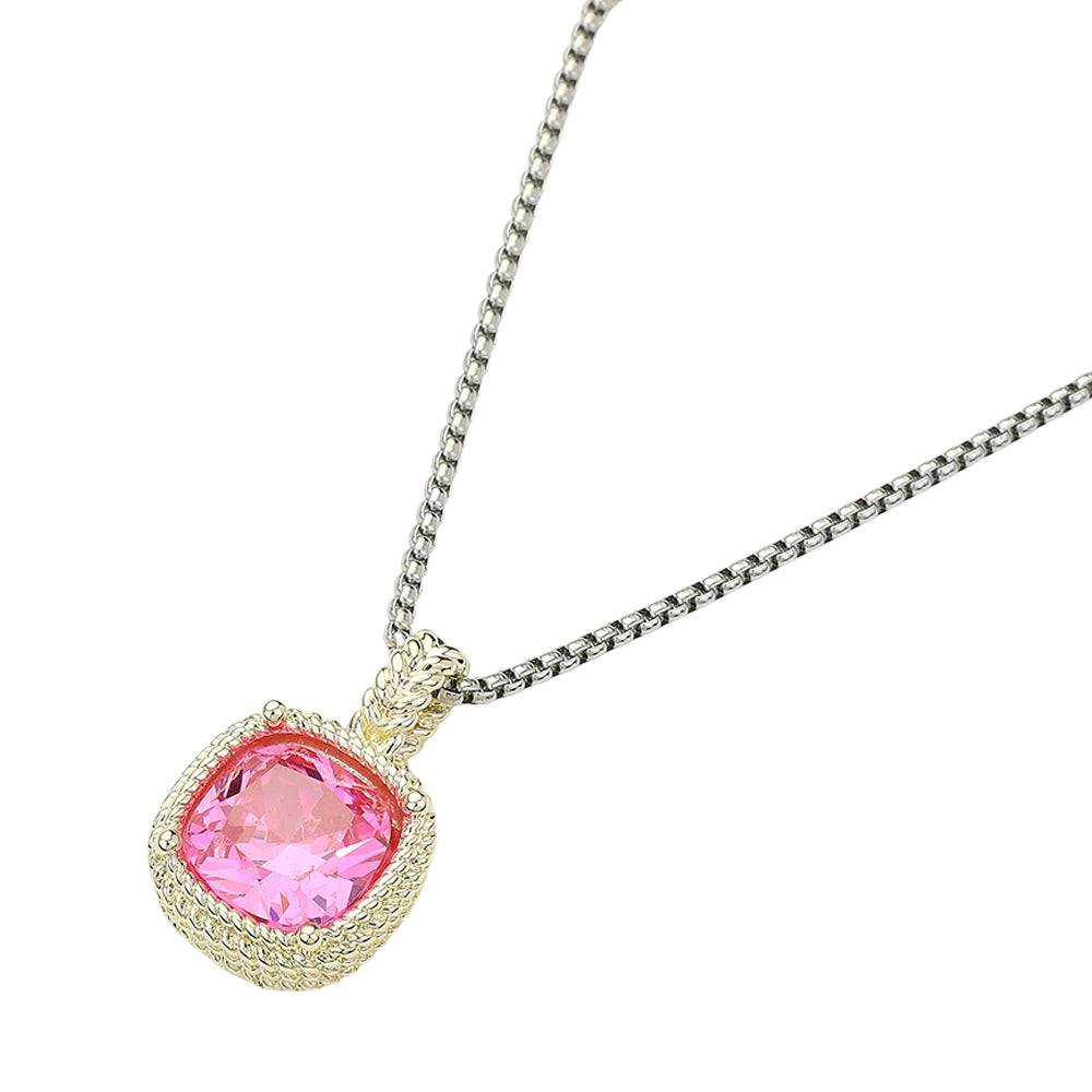 14K Gold Plated Square CZ Necklace with Pink Stone Pendant - Elegant Jewelry for Women, Perfect for Valentine's Day Gifts, Anniversary, Party & Everyday Wear