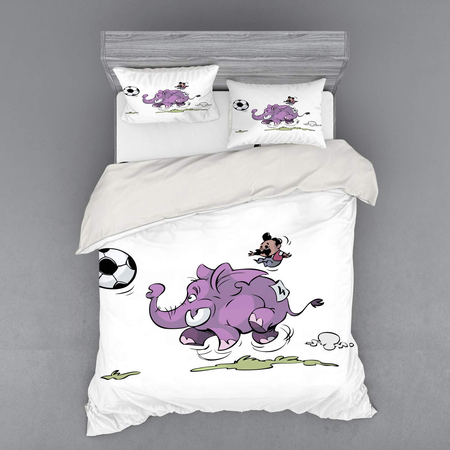 Ambesonne Animal Print Duvet Cover Set - Soccer & Mario Mustache Sports Theme Football Design, 3-Piece Queen Size Bedding Set with Pillow Sham & Fitted Sheet (Purple & White) - Perfect for Kids' Rooms, Game Themed Bedrooms & Sports Fans