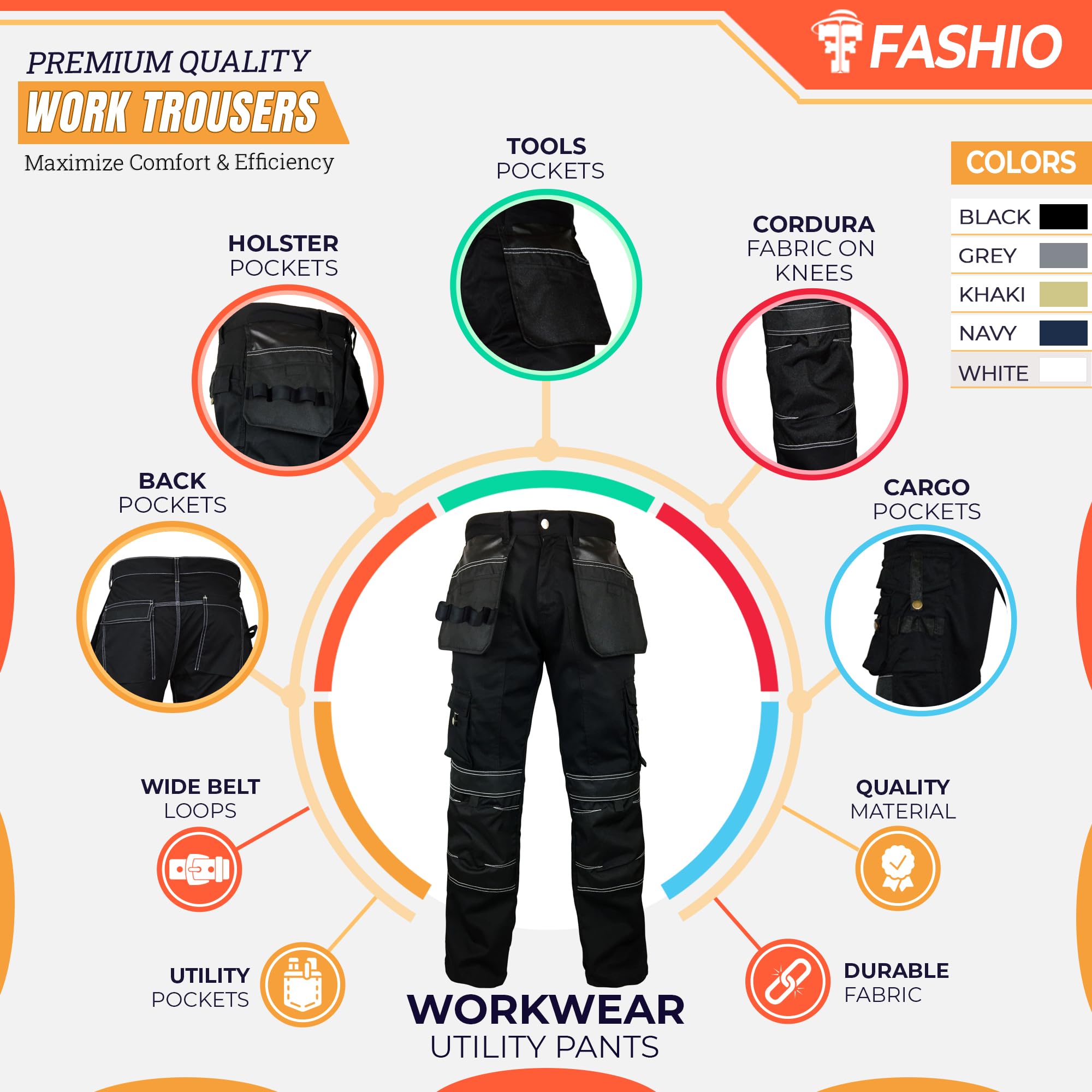 FASHIO FF Men's Cordura Work Pants - Tactical Trousers with Utility Tool Pockets, Heavy Duty Reinforced Carpenter Safety Pants for Construction, Hiking & Outdoor Activities