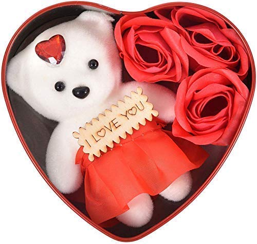 MAKE A WISH® Valentine's Day Gift Set - Heart Shaped Box with 3 Rose Soap Flowers & Teddy Bear Doll (Red) - Perfect Romantic Gift for Anniversary, Birthday & Proposal