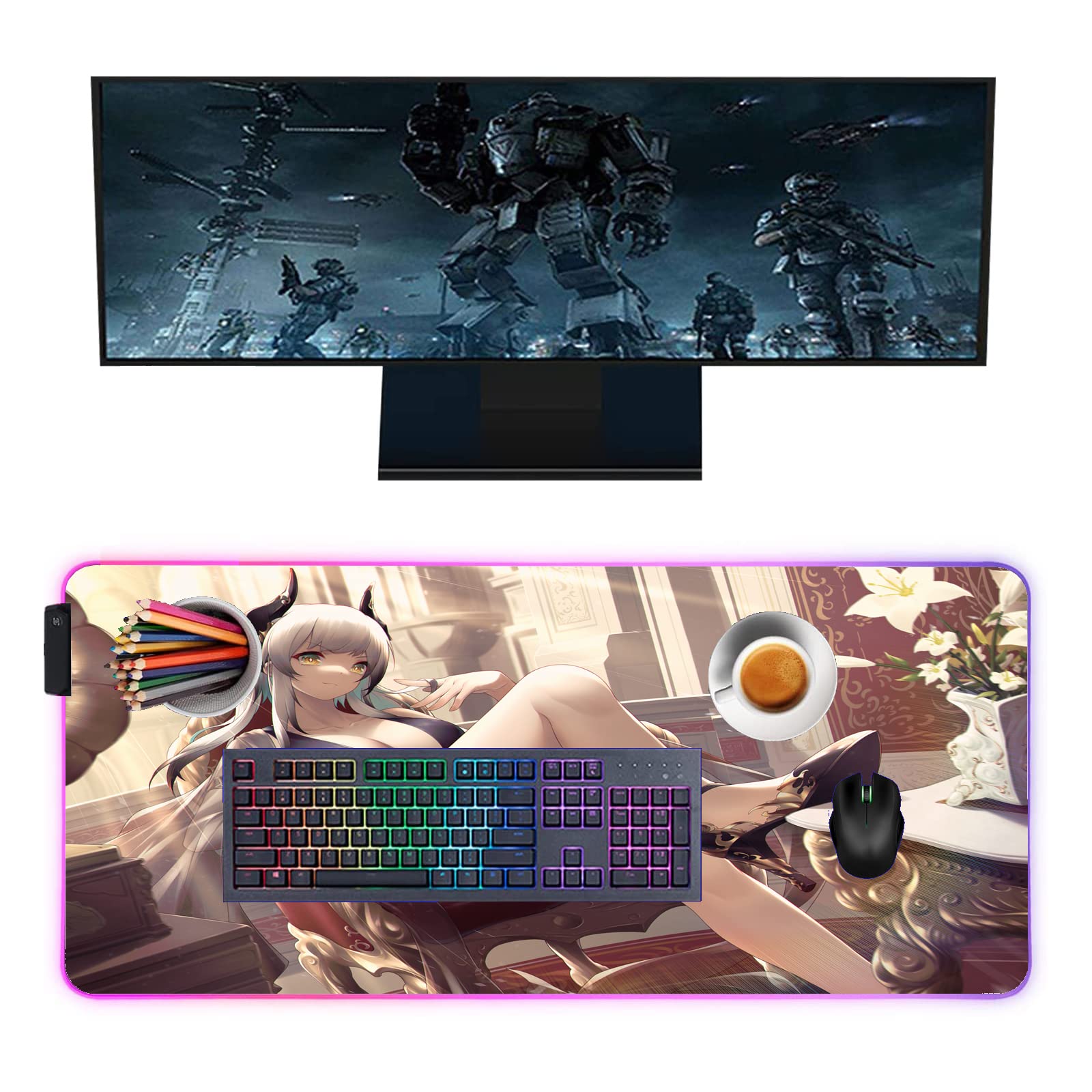 Anime Girl RGB Gaming Mouse Pad - Large 35.43x15.74 Inch LED Luminous Desk Mat for PC Computer Gamers | Colorful Lighting, Non-Slip Base | Perfect for Gaming Setup, Office Work & Streaming Decor