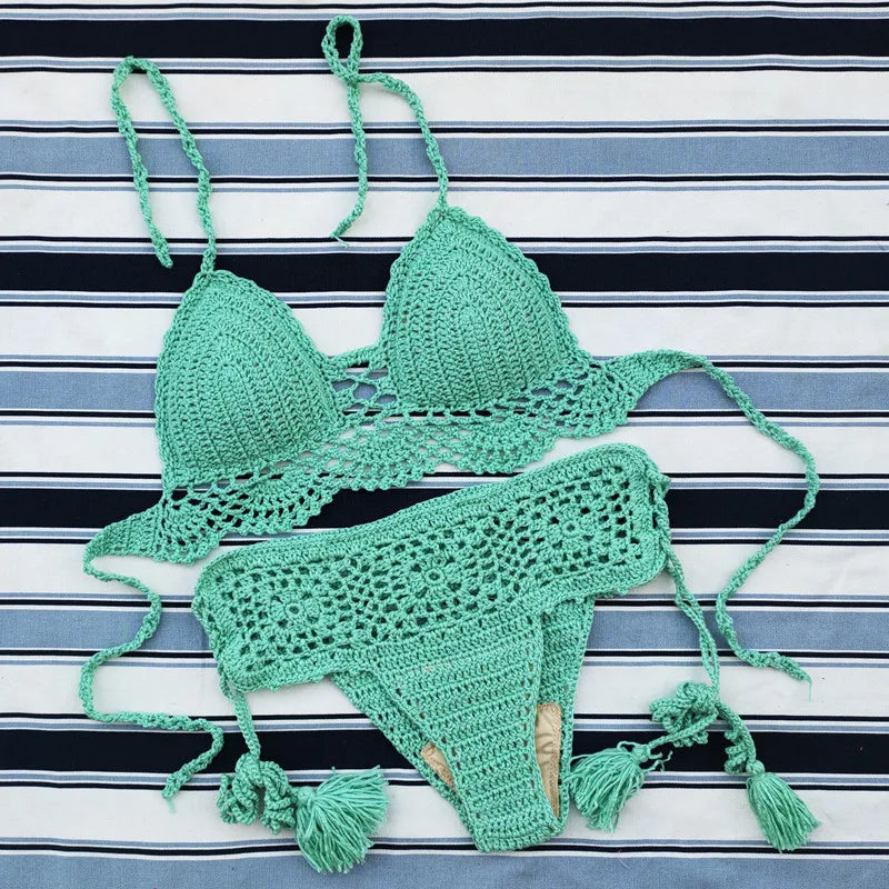 Handmade Crochet Push Up Bikini Set - Sexy Women's Swimwear Crop Top & High Waist Bottom - Perfect for Beach, Pool Party & Summer Vacation