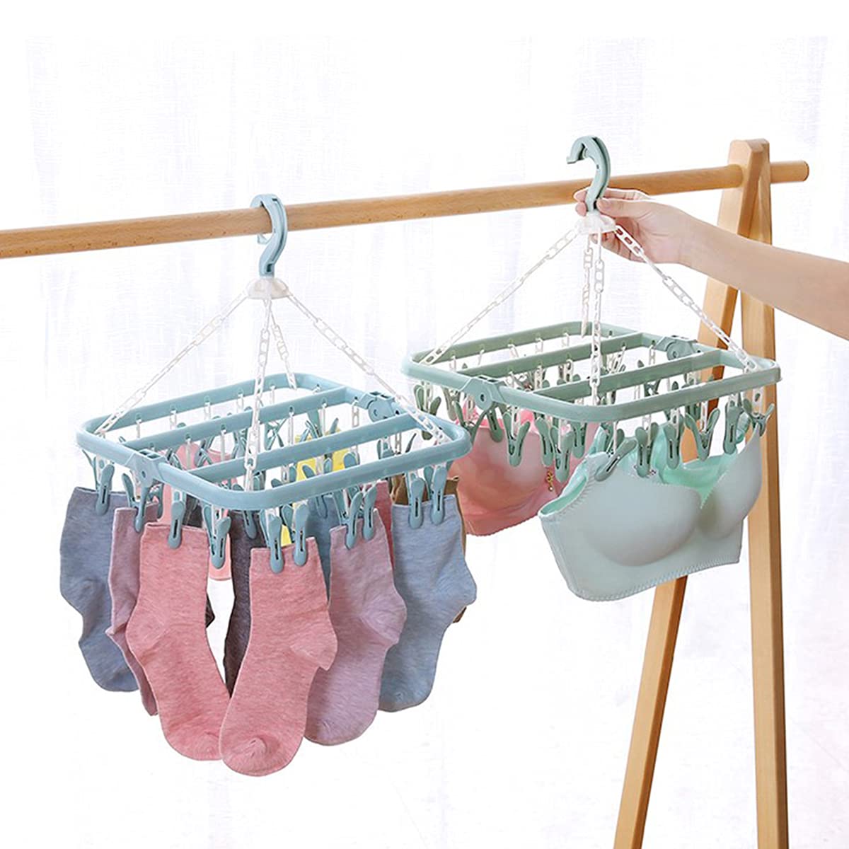 Foldable Plastic Clothes Drying Rack with 32 Clips - Windproof Laundry Hanger for Socks, Bras & Underwear | Space-Saving Drip Dry Solution for Apartments, Dorms & Travel