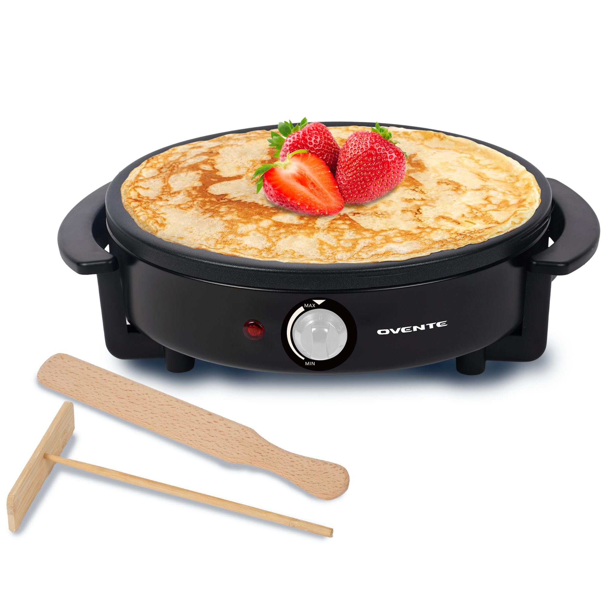 OVENTE 12-Inch Nonstick Electric Crepe Maker & Pancake Griddle with Adjustable Temperature Control, LED Indicator - Perfect for Breakfast, Brunch & Dessert Making at Home - Includes Wooden Spatula & Batter Spreader (Black, Model CRM1122B)