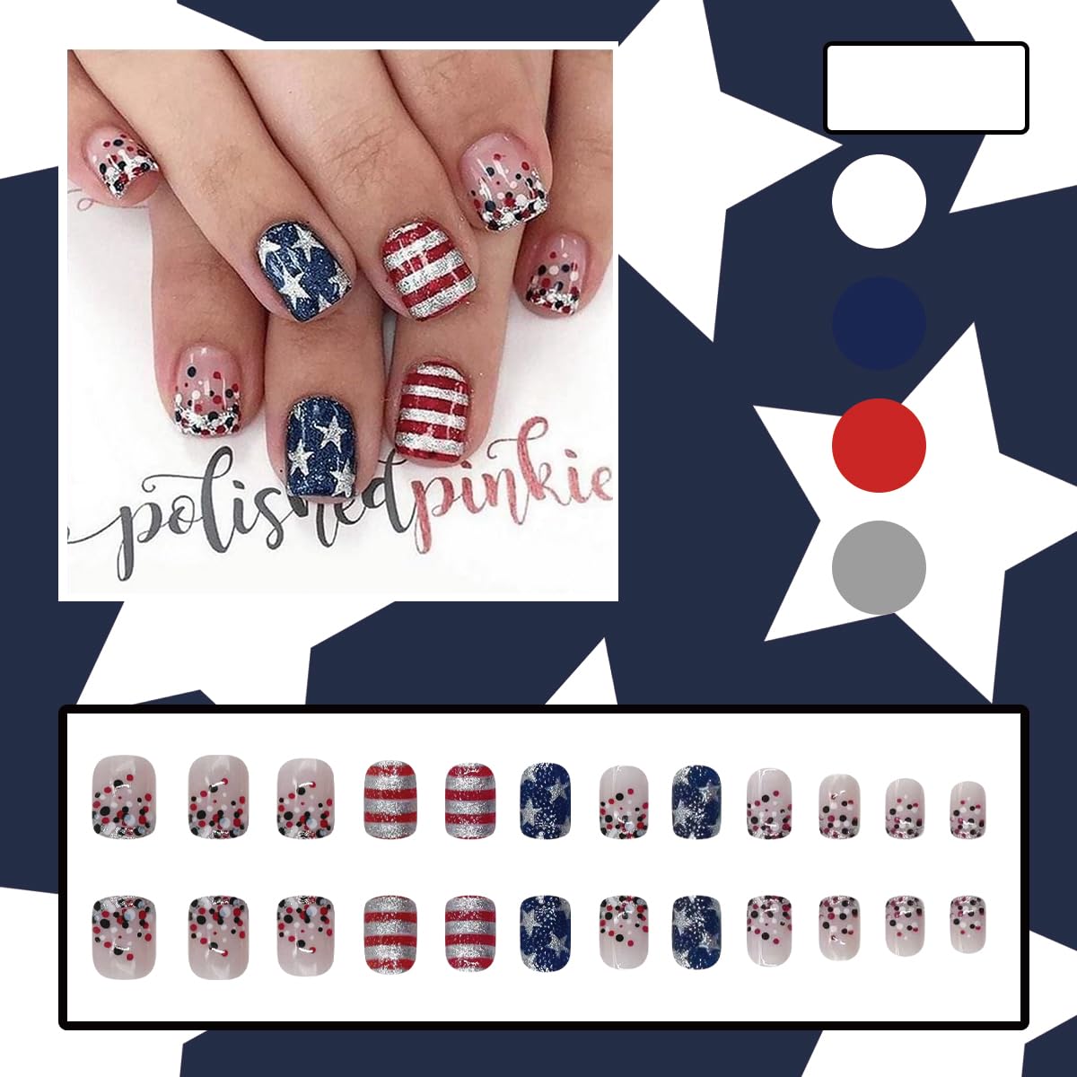 4th of July Press on Nails - Short Square Glitter Acrylic Fake Nails with Patriotic Star Stripe Design | 24Pcs DIY Independence Day False Nails for Women | Perfect for Parties, Celebrations & Nail Art