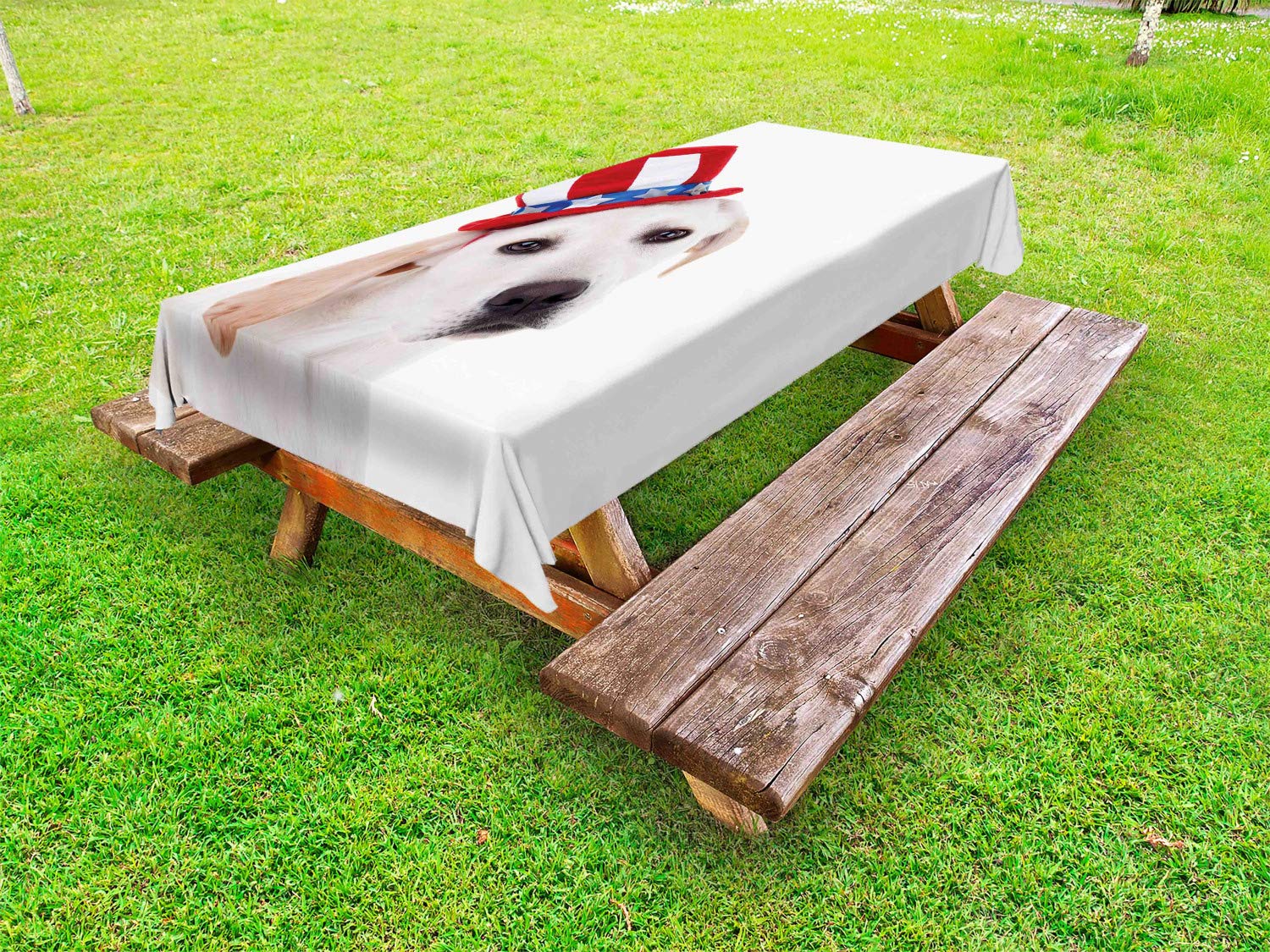 Ambesonne Patriotic 4th of July Tablecloth - Washable Outdoor Picnic Table Cover with White Dog & Uncle Sam Hat Design, 58x120 Inches, Red White & Blue - Perfect for Independence Day BBQs, Backyard Parties & Summer Celebrations
