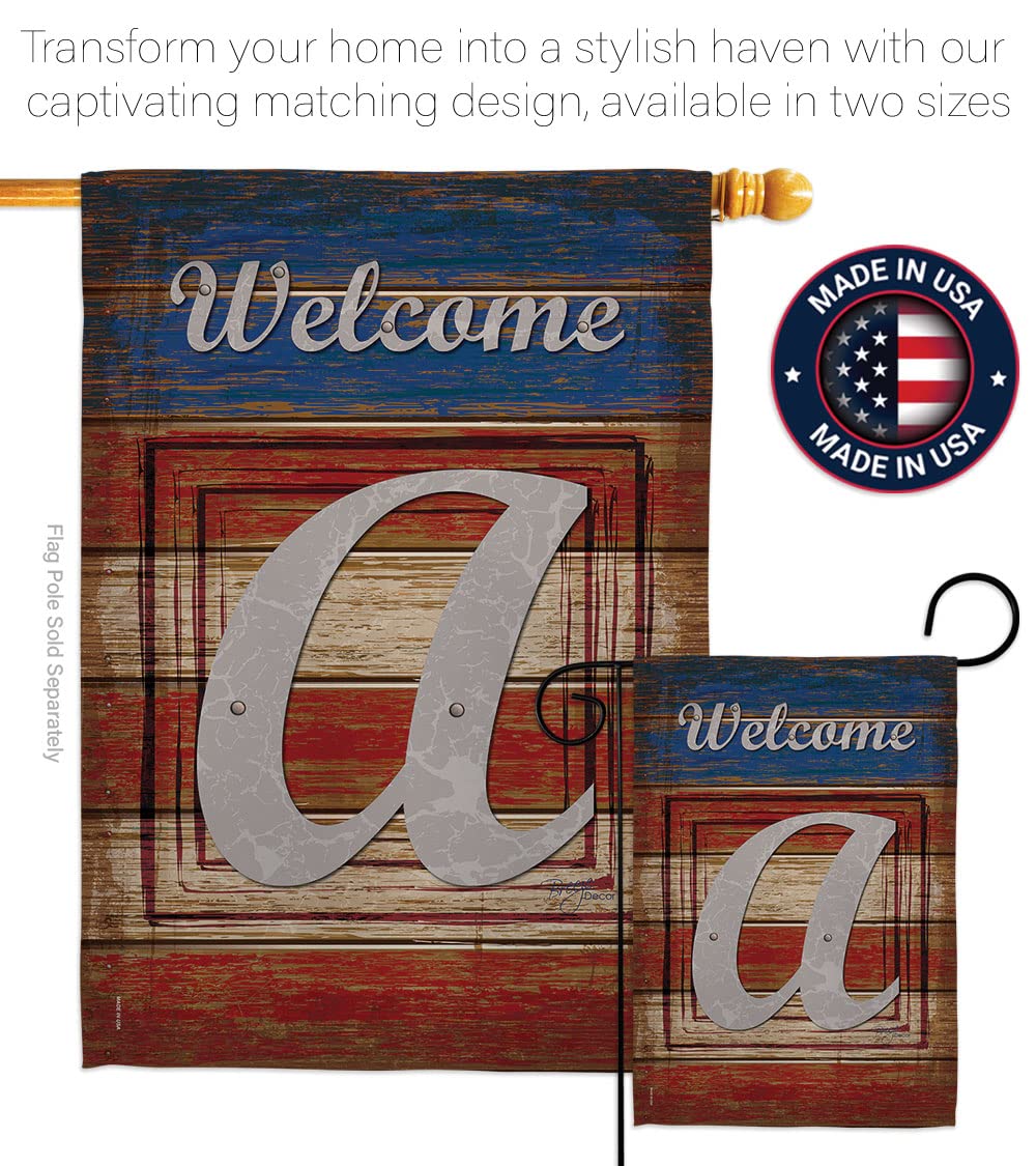 Patriotic Americana Initial House Flag Set - 28x40in w/Flagpole for Outdoor Decor