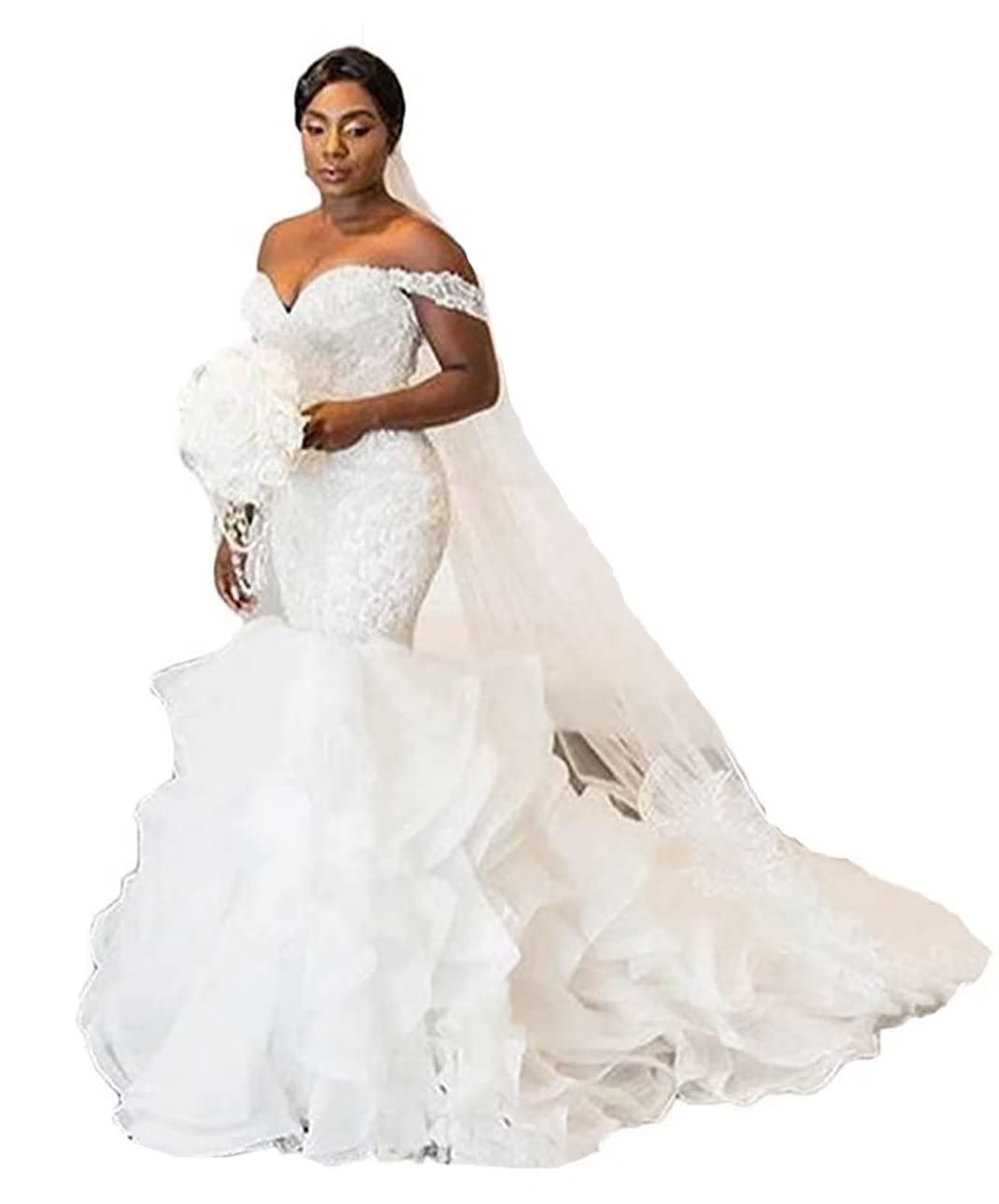 Elegant Off-The-Shoulder White Organza Wedding Dress with Lace Details - Mermaid Silhouette Bridal Gown for Women - Perfect for Beach Weddings, Church Ceremonies, and Romantic Photoshoots
