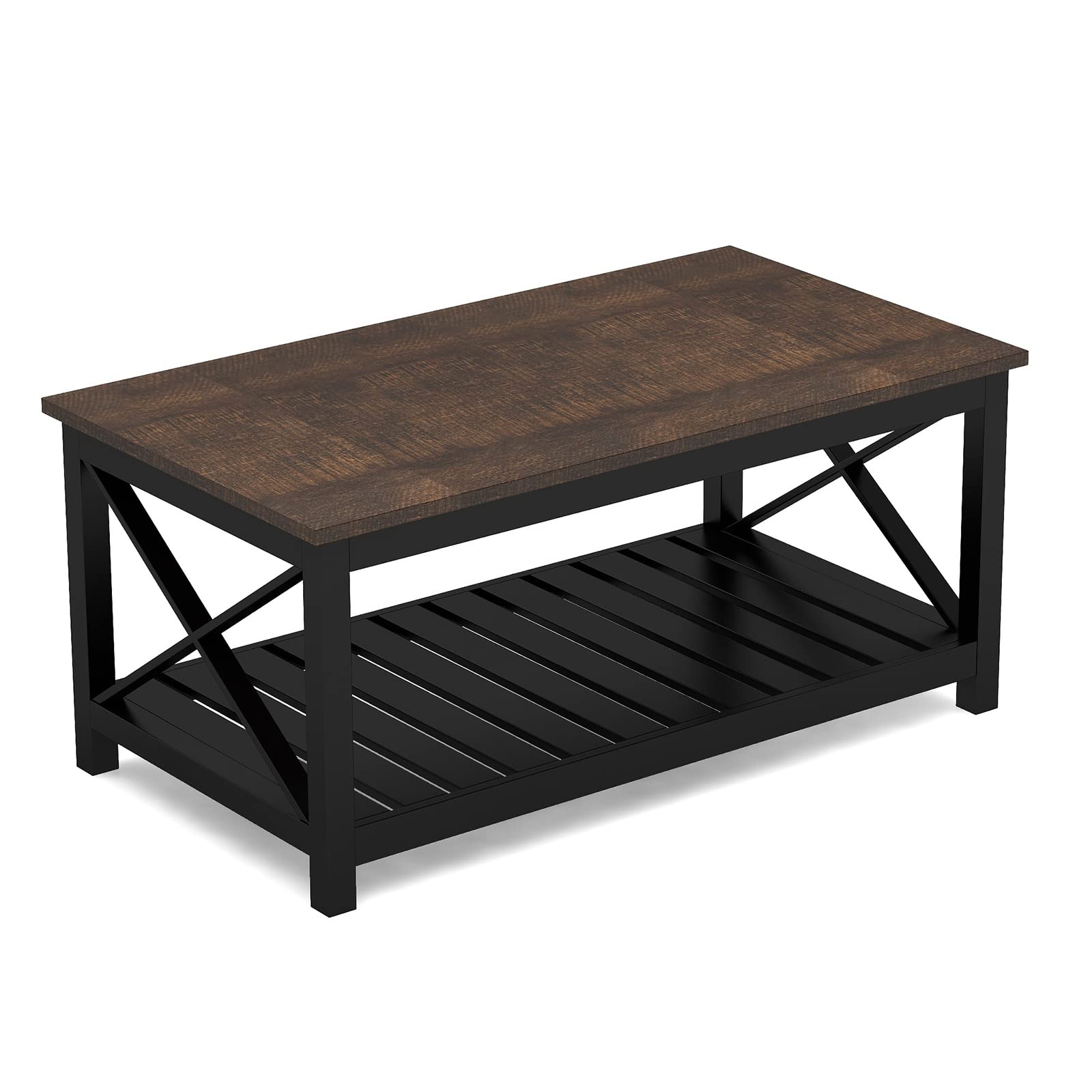 Rustic Vintage Farmhouse Coffee Table with Shelf - ChooChoo Solid Wood Living Room Table, 40