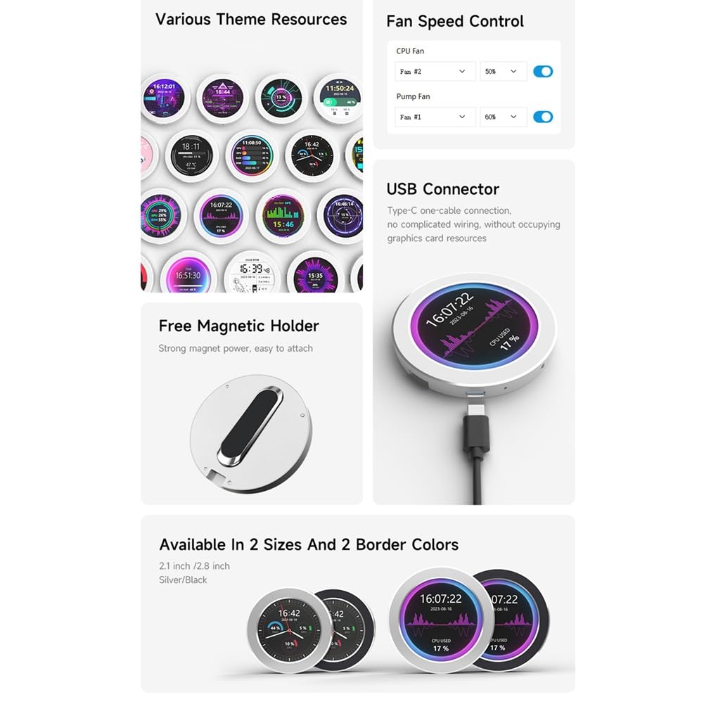 Round Screen USB Drive-Free Water-Cooled PC Case Secondary Display with CPU Temperature Monitor - Perfect for Gaming Rigs, Streaming Setups & Custom PC Builds